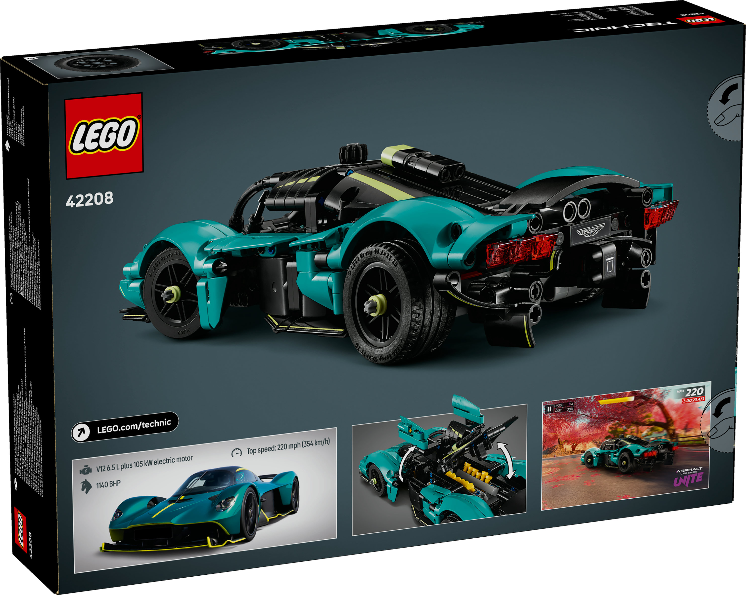 Grafika pudełka teal Lego Technic samochodu Aston Martin Valkyrie z czarnymi akcentami. Zawiera zdjęcia samochodu i specyfikacje.
