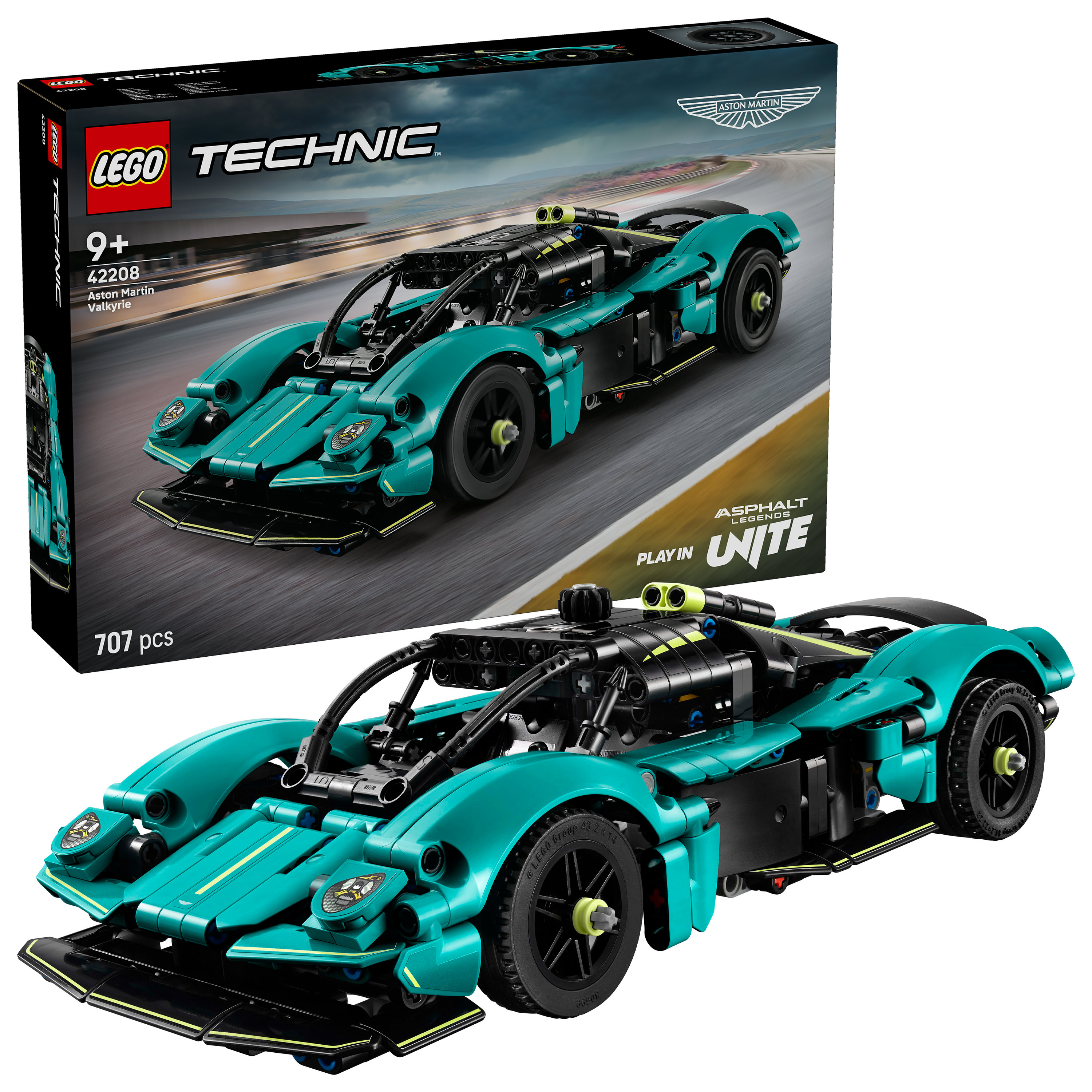 Model LEGO Technic Aston Martin Valkyrie. Turkusowy samochód z czarnymi akcentami, pudełko w tle. Zawiera 707 elementów.