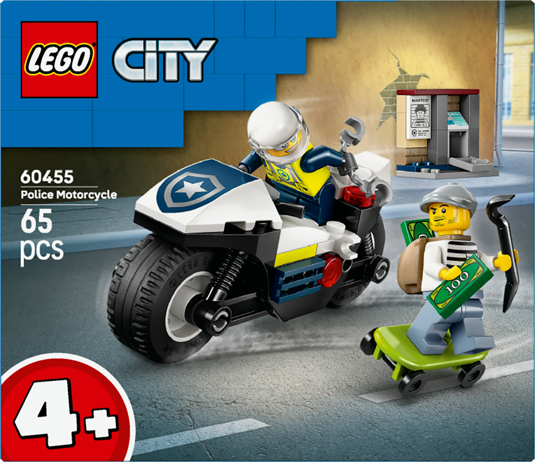 Un set Lego City con una moto della polizia che insegue un ladro su uno skateboard vicino a un bancomat. Il set include 65 pezzi.