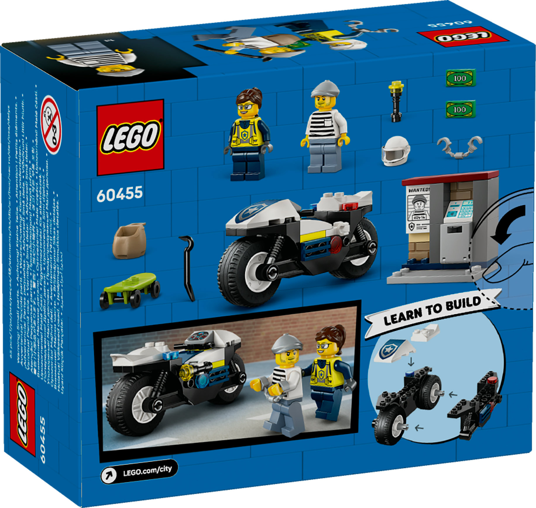 Set scatola LEGO, con una moto della polizia, minifigure di un agente di polizia, un rapinatore e accessori.