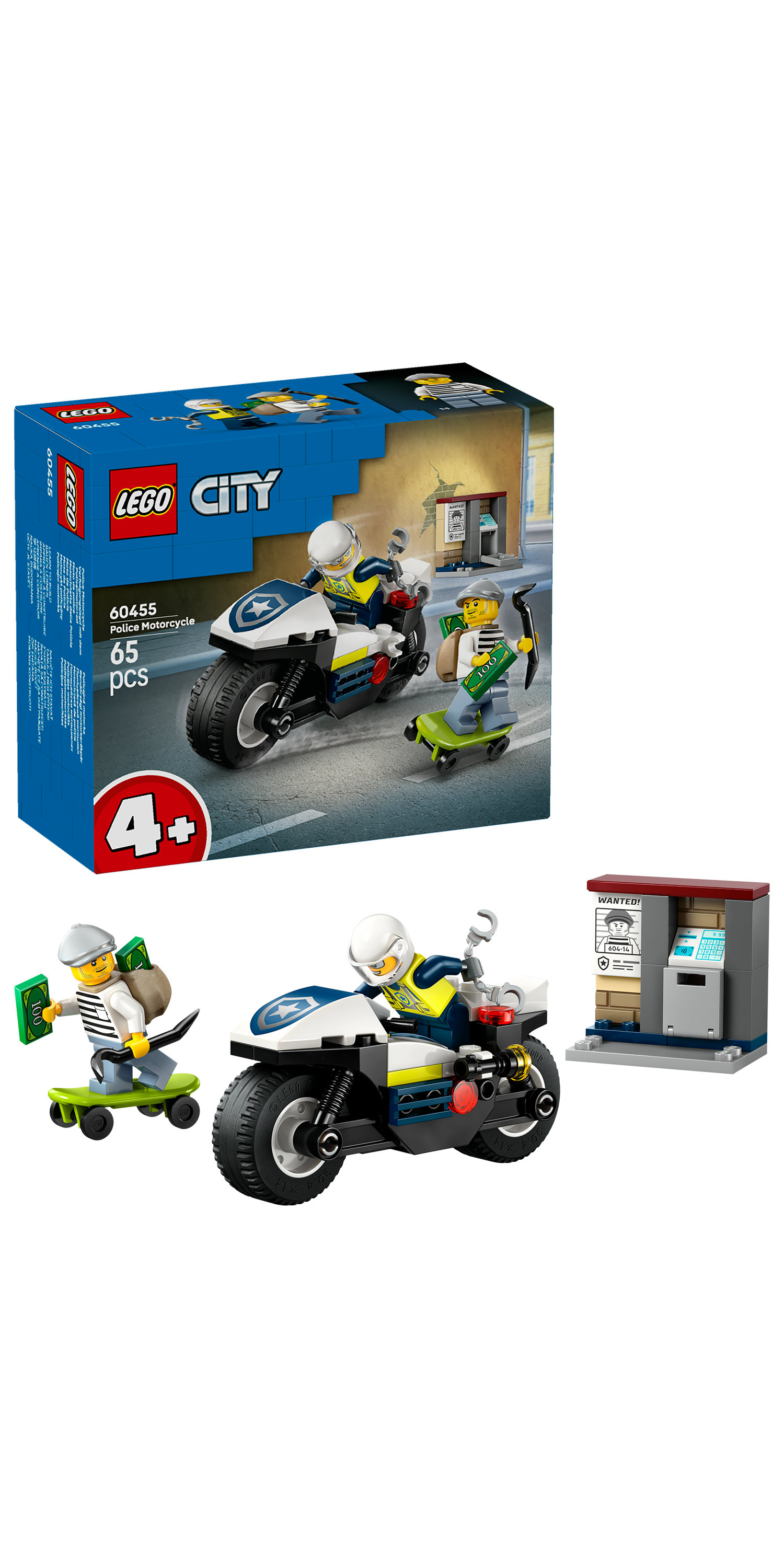 Set Lego City Police Motorcycle con personaggi, un manifesto di ricerca e un bancomat. Un poliziotto insegue un ladro in skateboard.
