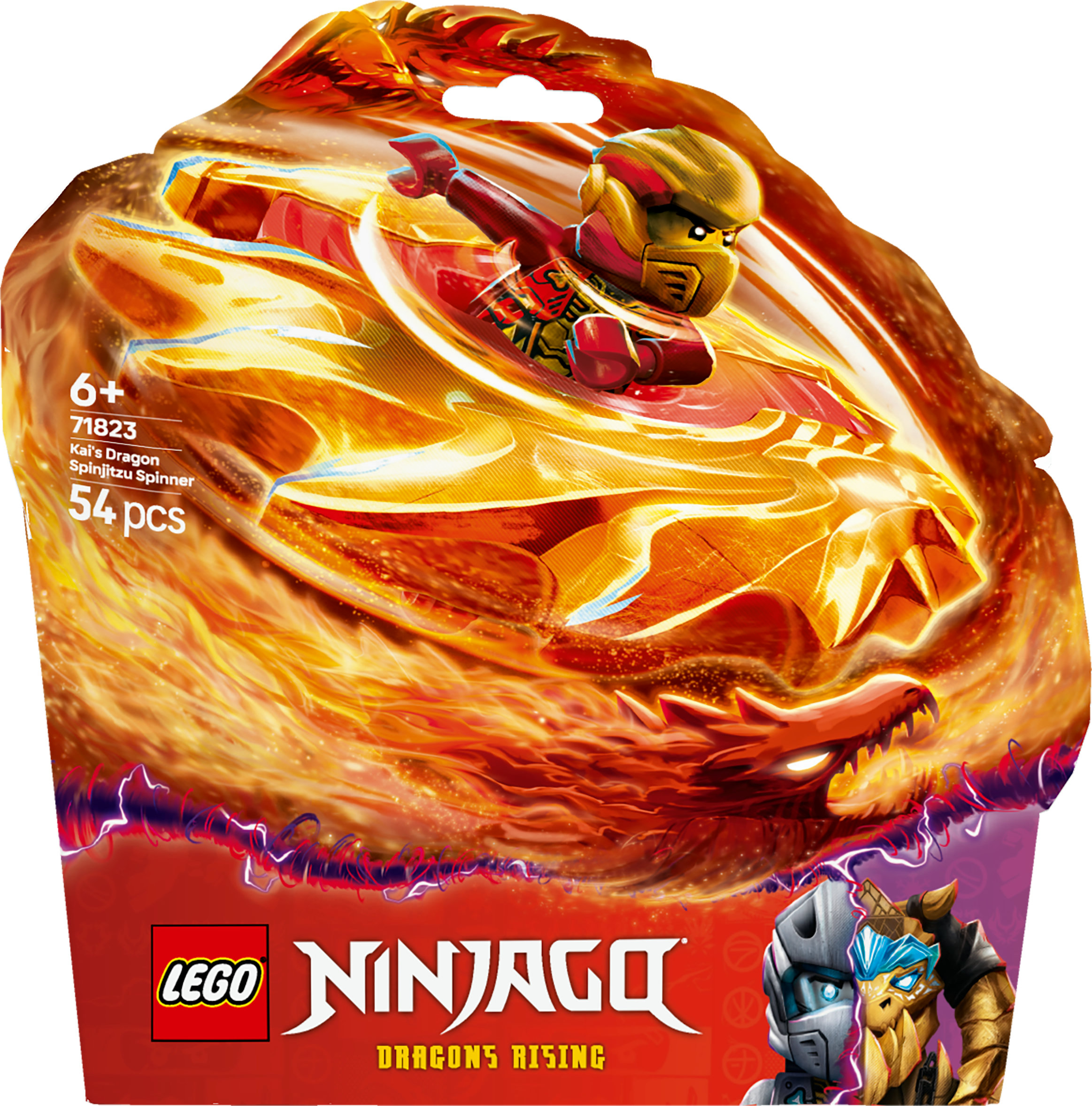 Lego Ninjago setinin kutu görseli. Ateşli bir ejderhada dönen kırmızı bir ninja içerir. Set 6+ yaş ve 54 parçadan oluşmaktadır.