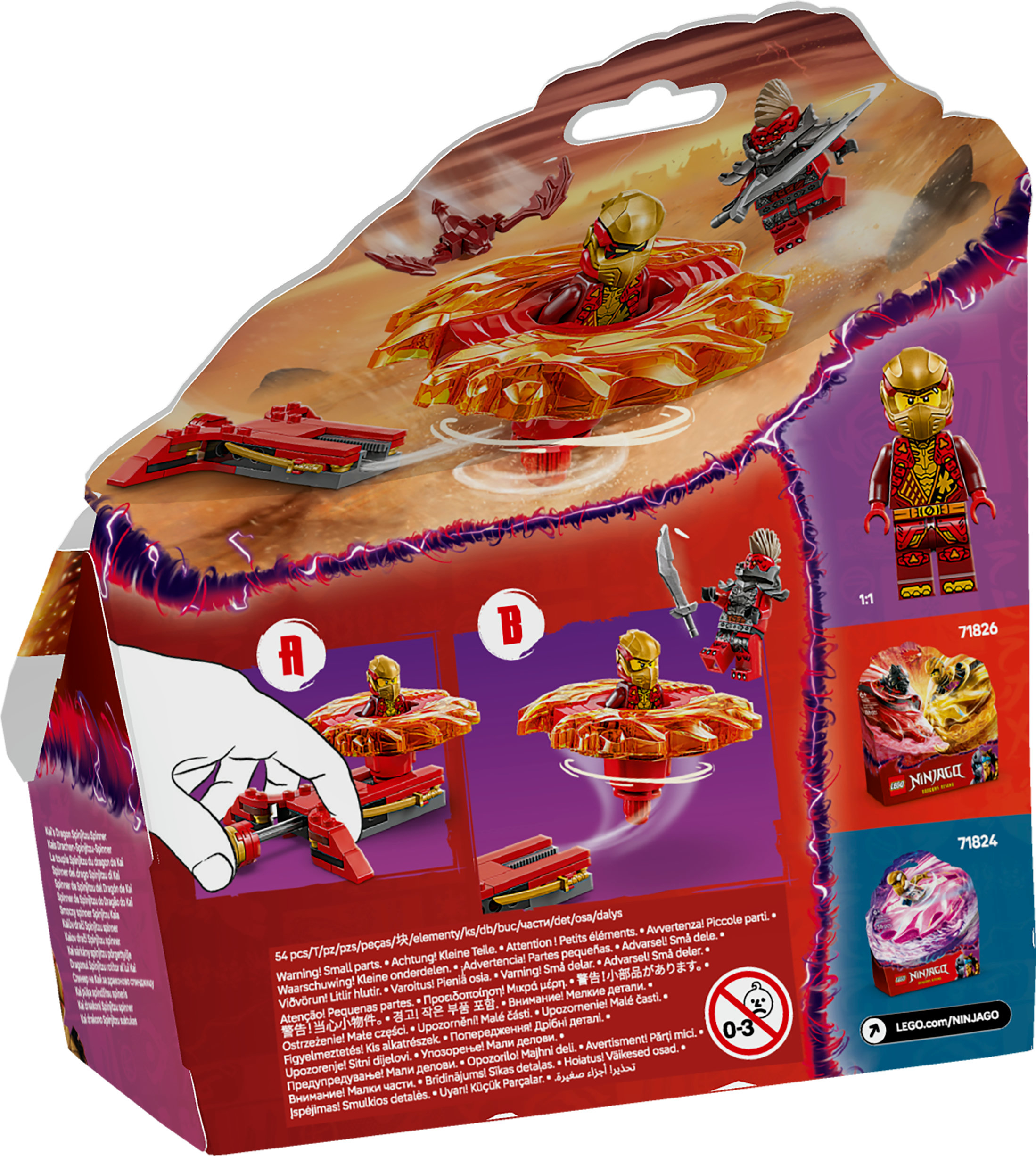 Bir Lego Ninjago setinin kutu resmi. Karakterler, döndürücüler ve küçük parçalar uyarıları gösteriyor.