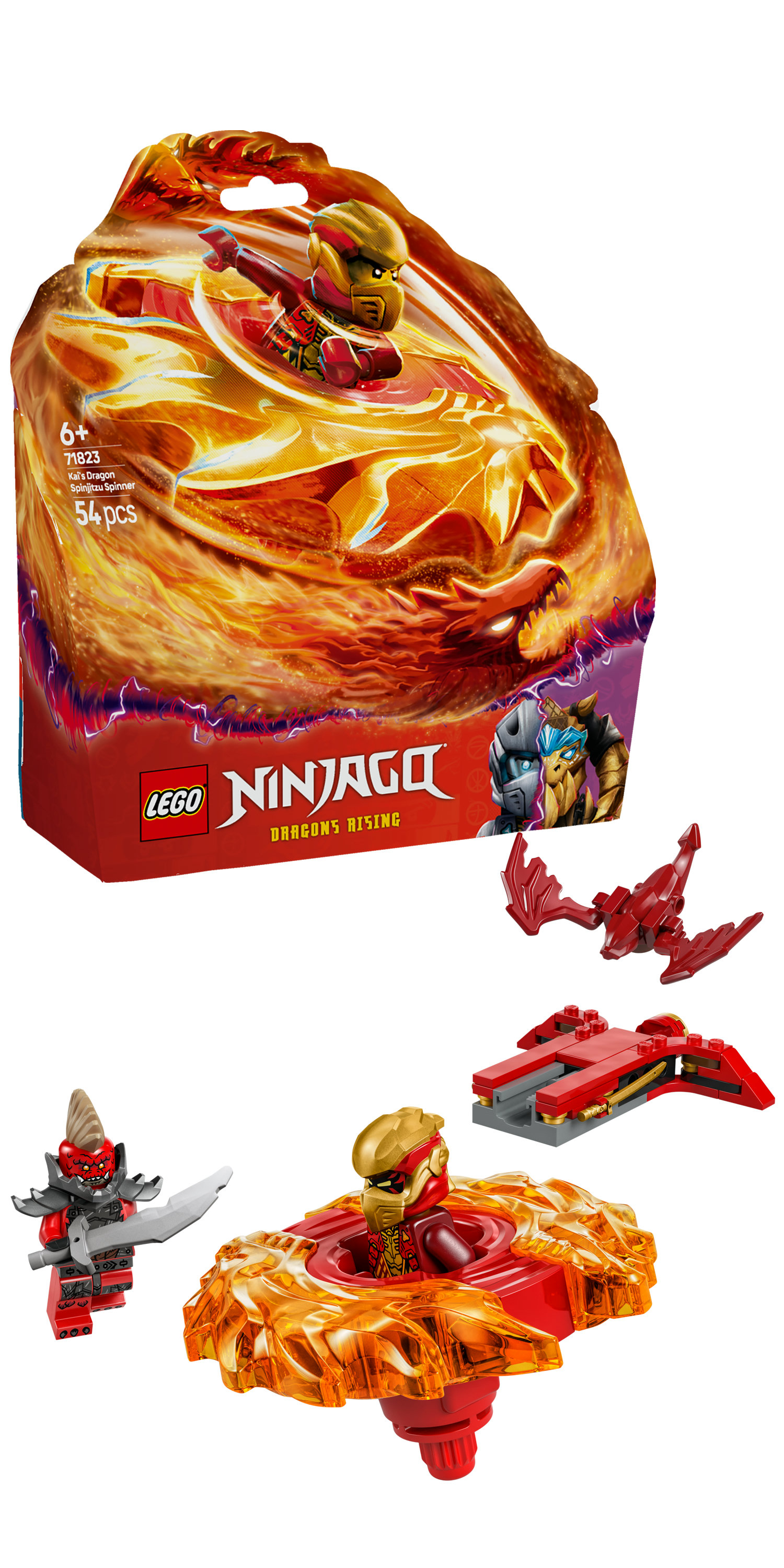 Lego Ninjago seti. Kutu, ateşli bir dönüş yapan bir ninja gösterir. Figürler, bir döner ve kırmızı, altın ve siyah renk düzeni içerir.