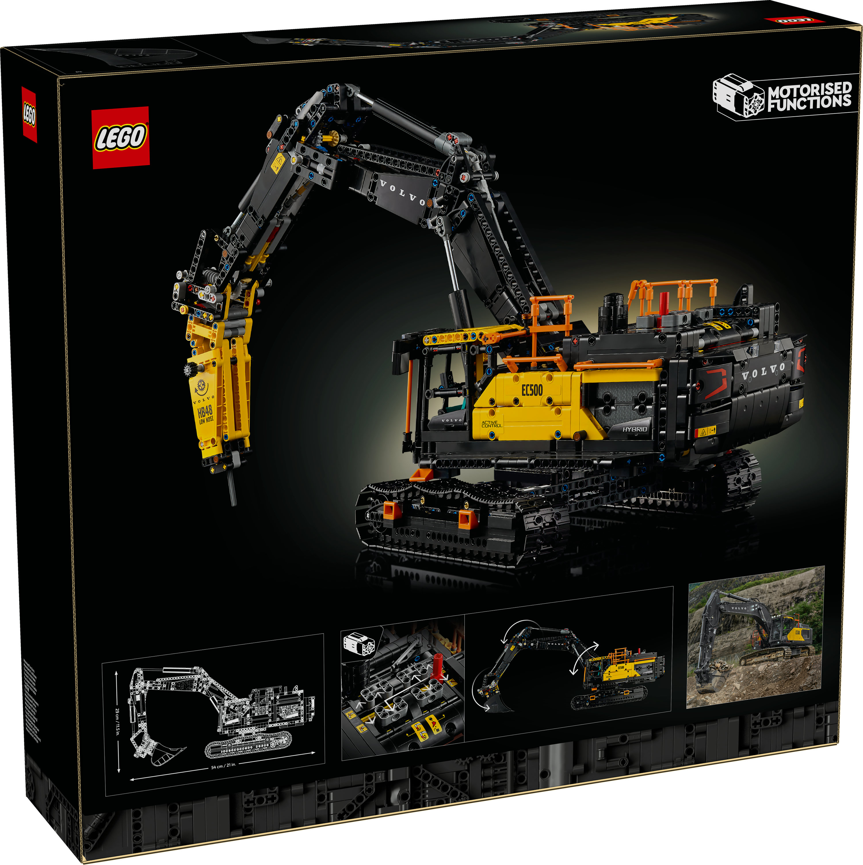 Grafika na pudełku koparki Volvo LEGO Technic. Kolory czarny i żółty. Pudełko przedstawia model i jego funkcje.