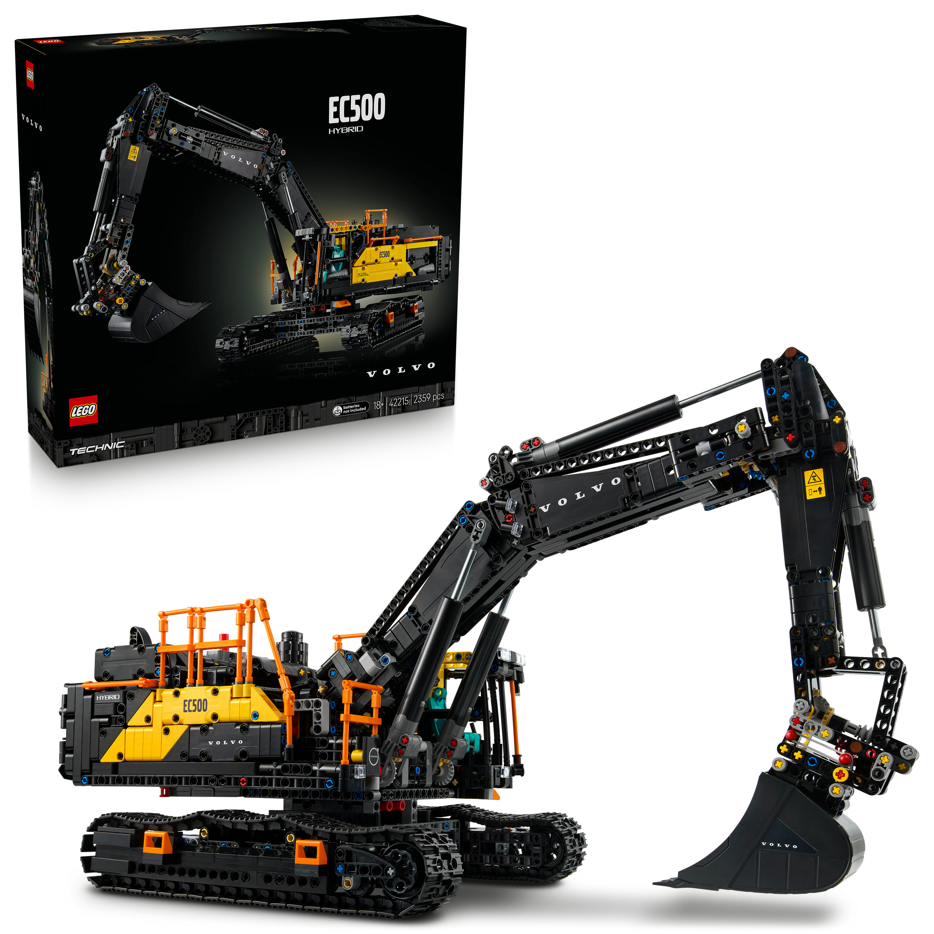 Koparka Lego Technic Volvo EC500. Ma czarno-żółtą kolorystykę. Pudełko znajduje się w tle.
