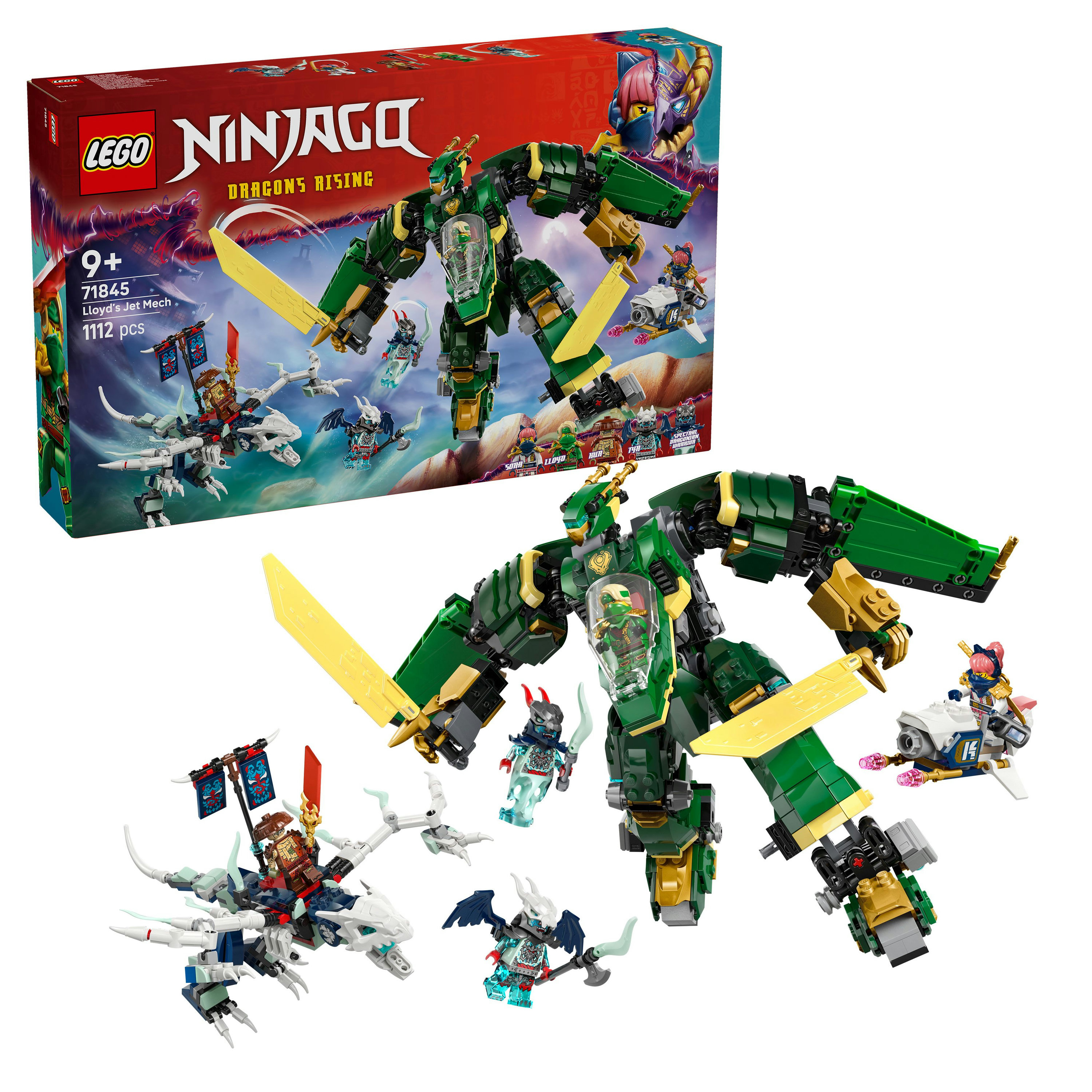 Zestaw Lego Ninjago z zielonym mechem, żółtymi mieczami i minifigurkami. Pudełko pokazuje mecha i smocze postacie w akcji.