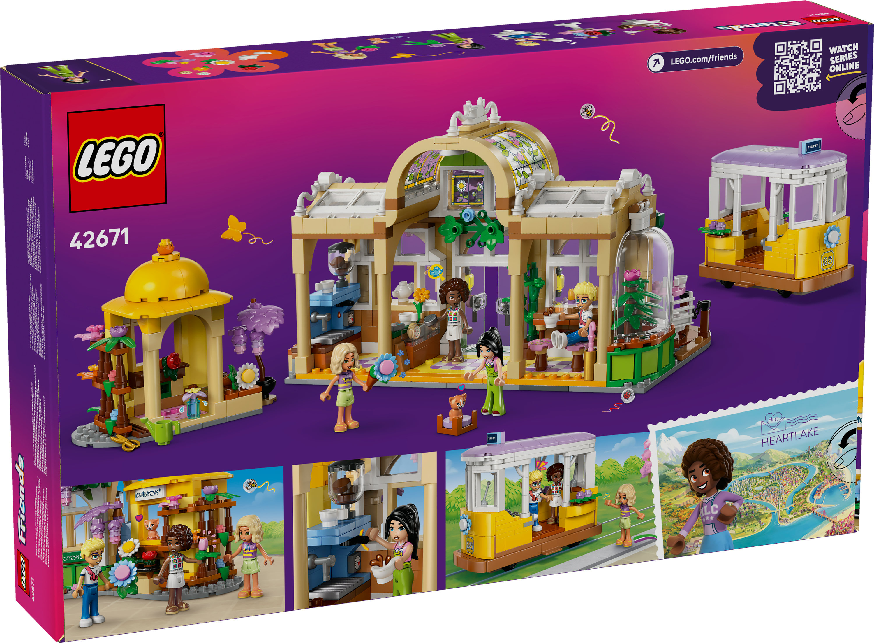 Grafika na pudełku przedstawia zestaw LEGO ze szklarnią, tramwajem i minifigurkami. Ma fioletowe tło i przedstawia Heartlake.