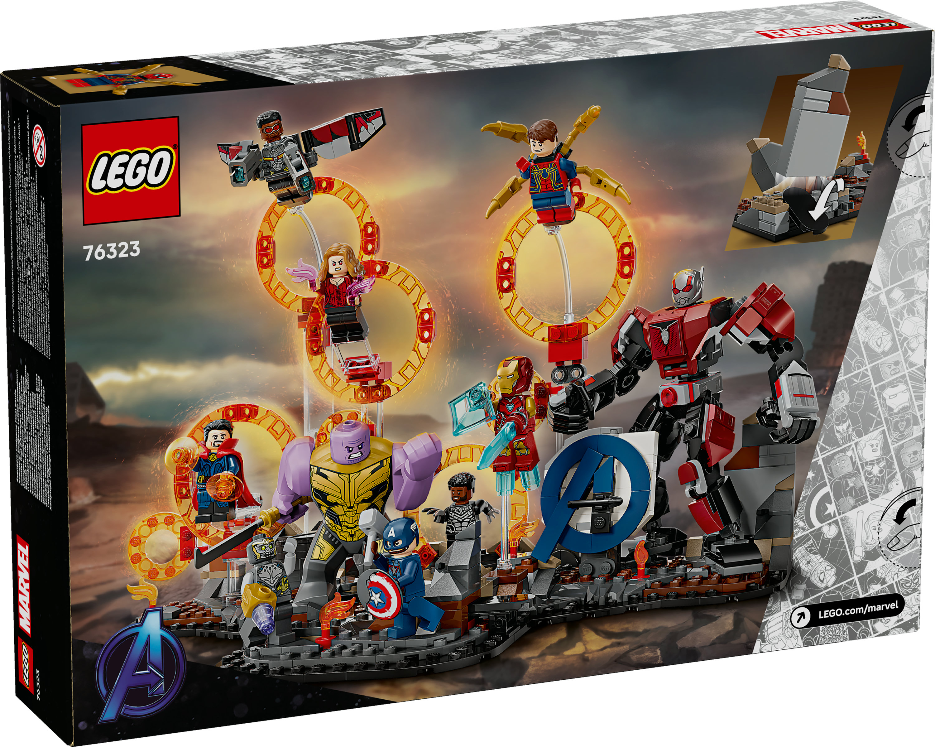Grafika na pudełku Lego z postaciami Marvela, w tym Thanosem, Iron Manem i Kapitanem Ameryką, z logo Avengers.
