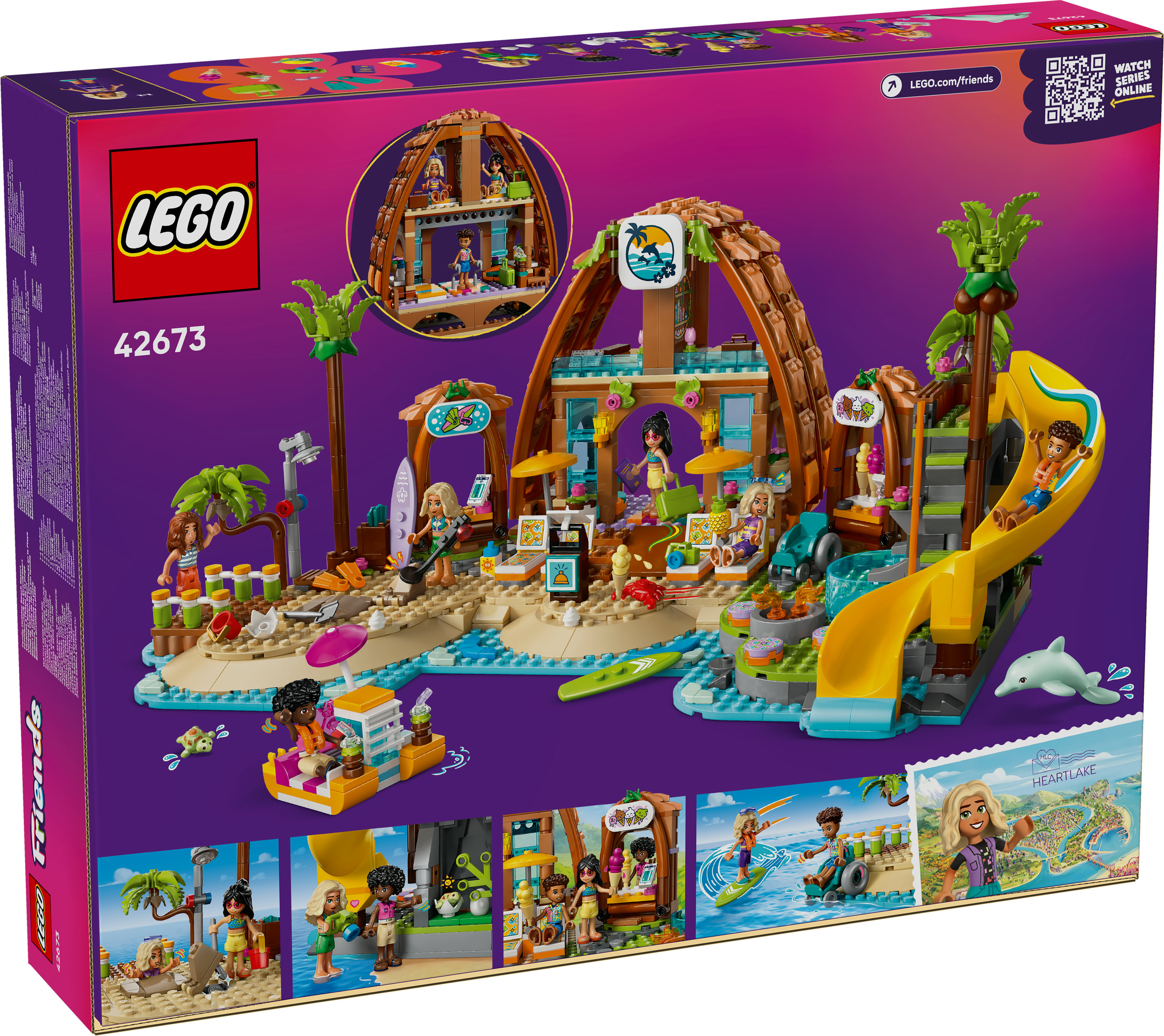 Grafika na pudełku LEGO Friends przedstawia scenę na plaży z minifigurkami, zjeżdżalnią, delfinem i konstrukcją przypominającą chatę.
