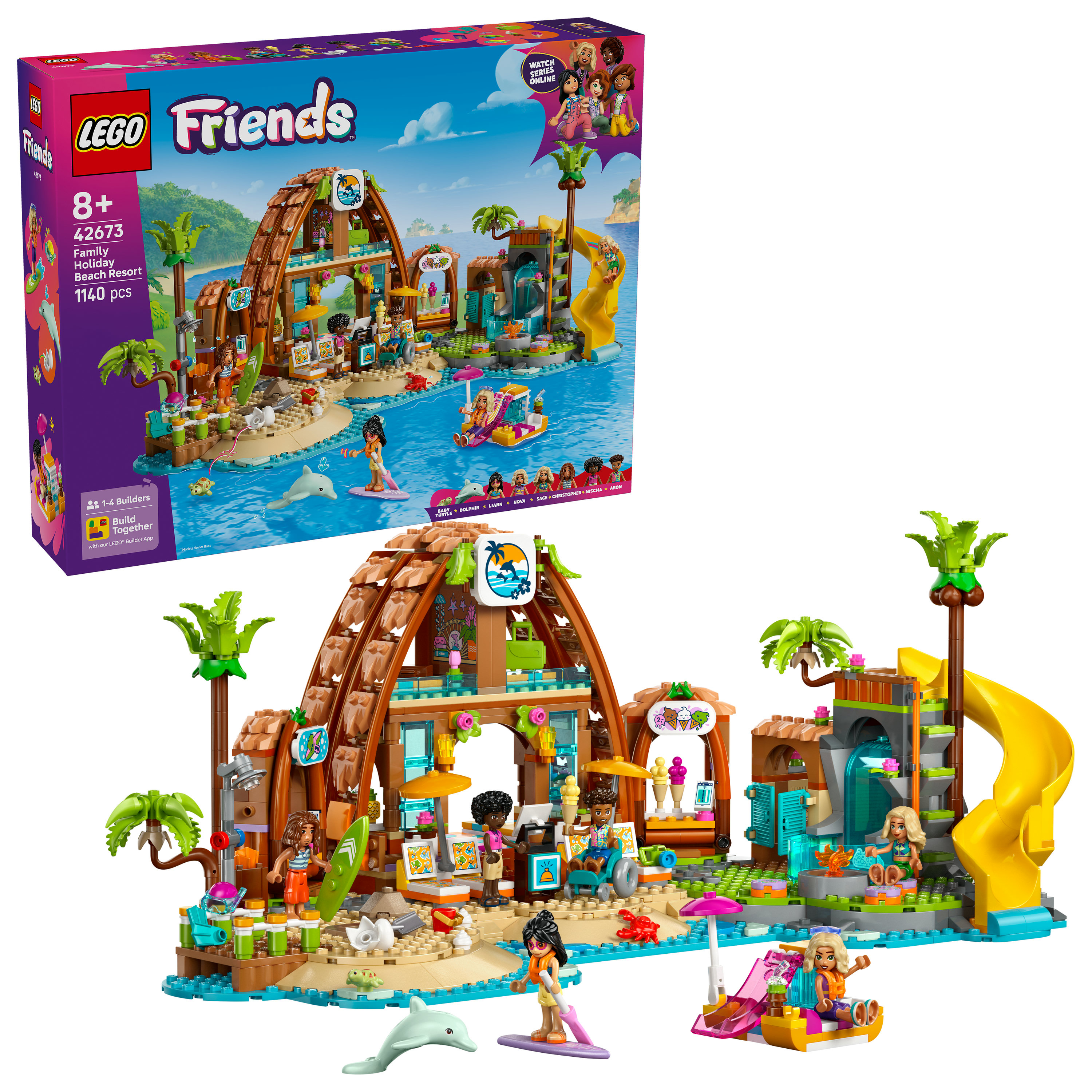 Zestaw LEGO Friends nadmorski kurort. Zawiera kurort ze zjeżdżalnią, lodziarnią i różnymi figurkami.