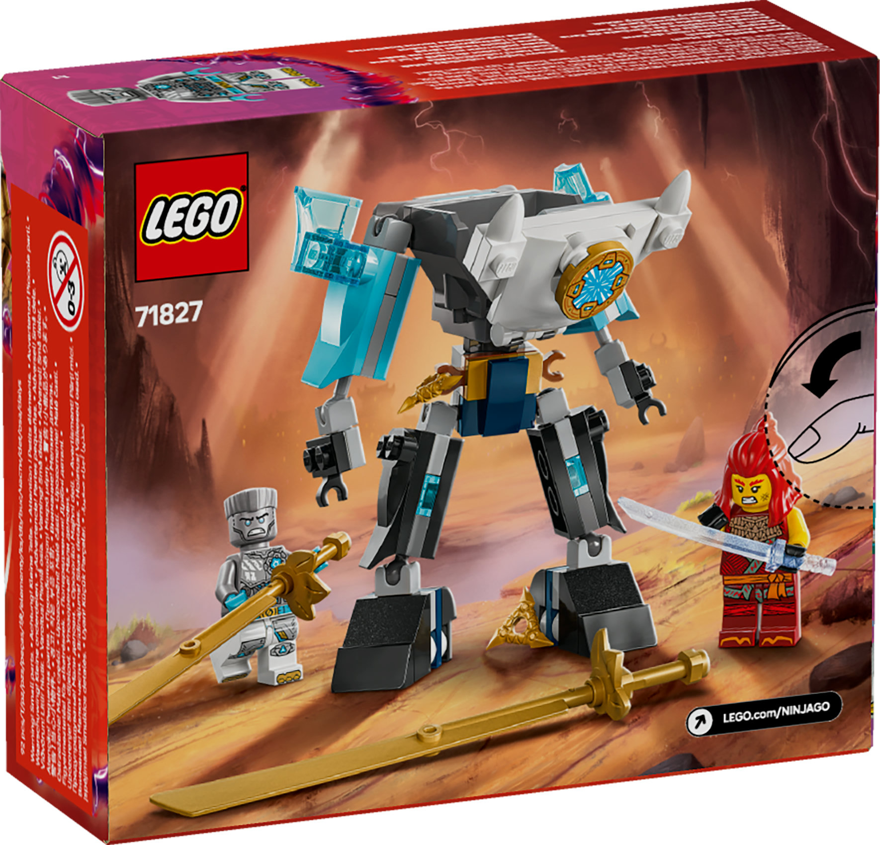 Robot, iki minifigür ve altın kılıçlarla Lego kutu sanatı. Arka plan kayalık, ateşli bir manzara gösteriyor.