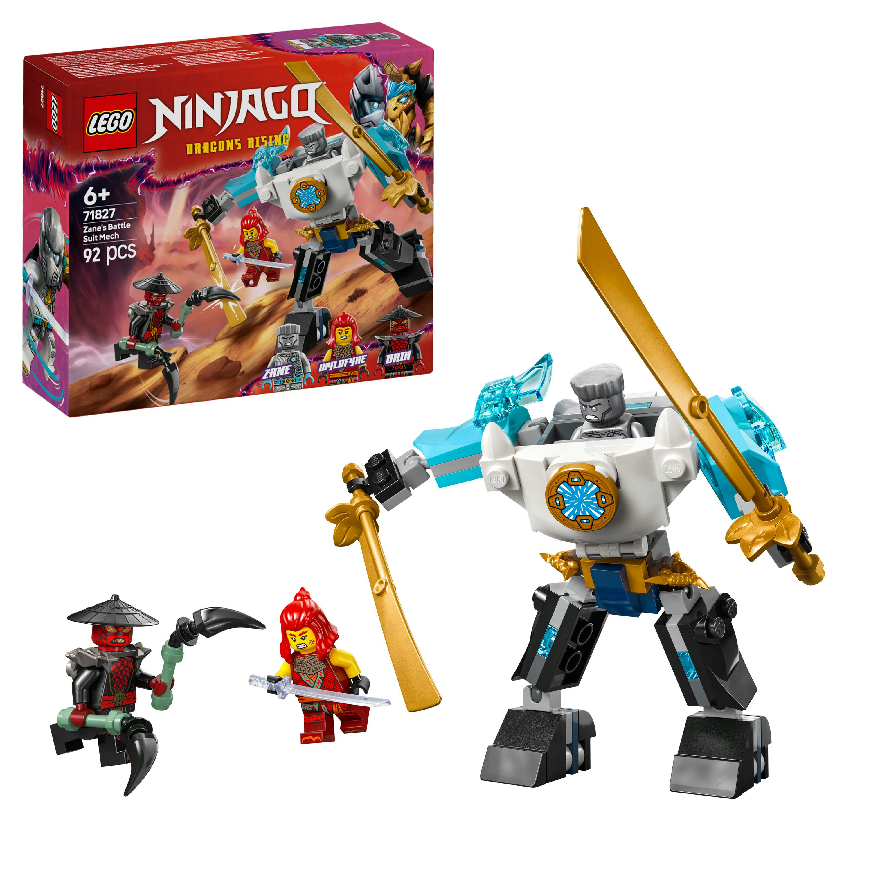 Beyaz bir mecha, minifigürler ve seti gösteren bir kutu içeren Lego Ninjago seti. Mech altın bir kılıç tutuyor.
