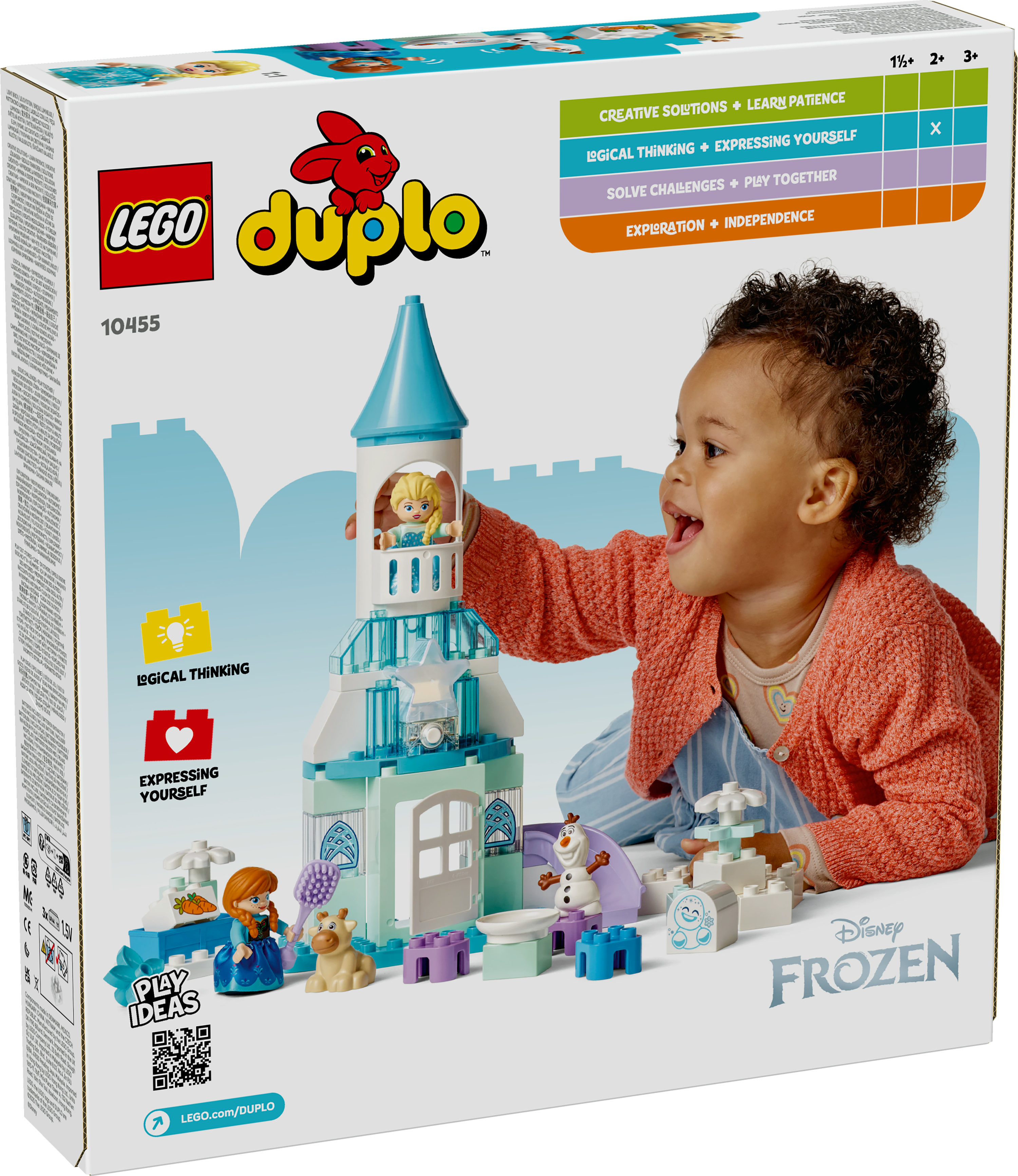 Dziecko sięga po pudełko z zestawem Lego Duplo Frozen. Na pudełku widnieją Elsa, Anna, Olaf i zamek.