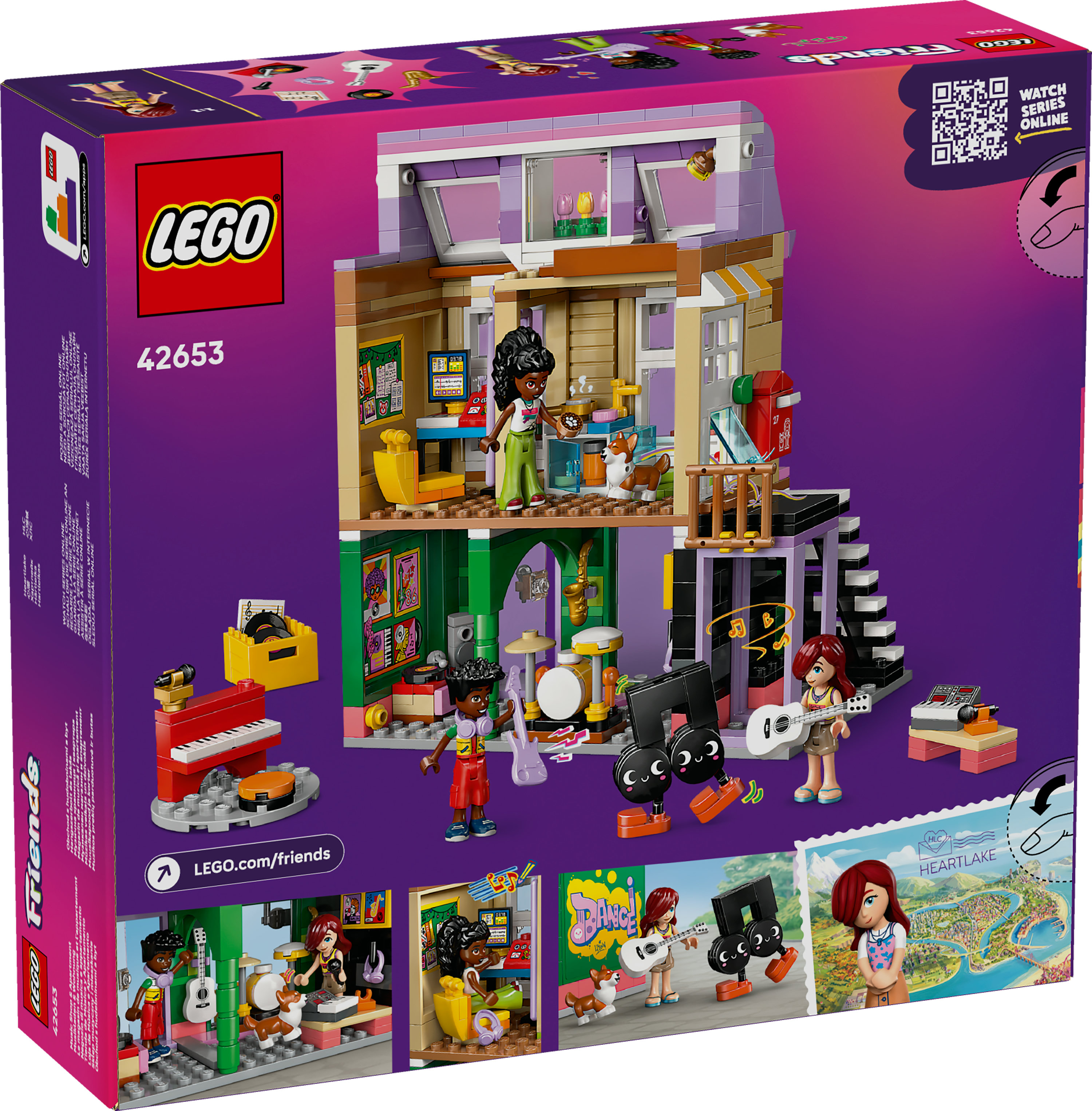 Pudełko LEGO Friends przedstawiające wielopoziomowy budynek z minifigurkami grającymi na instrumentach. Pudełko jest fioletowe i różowe.