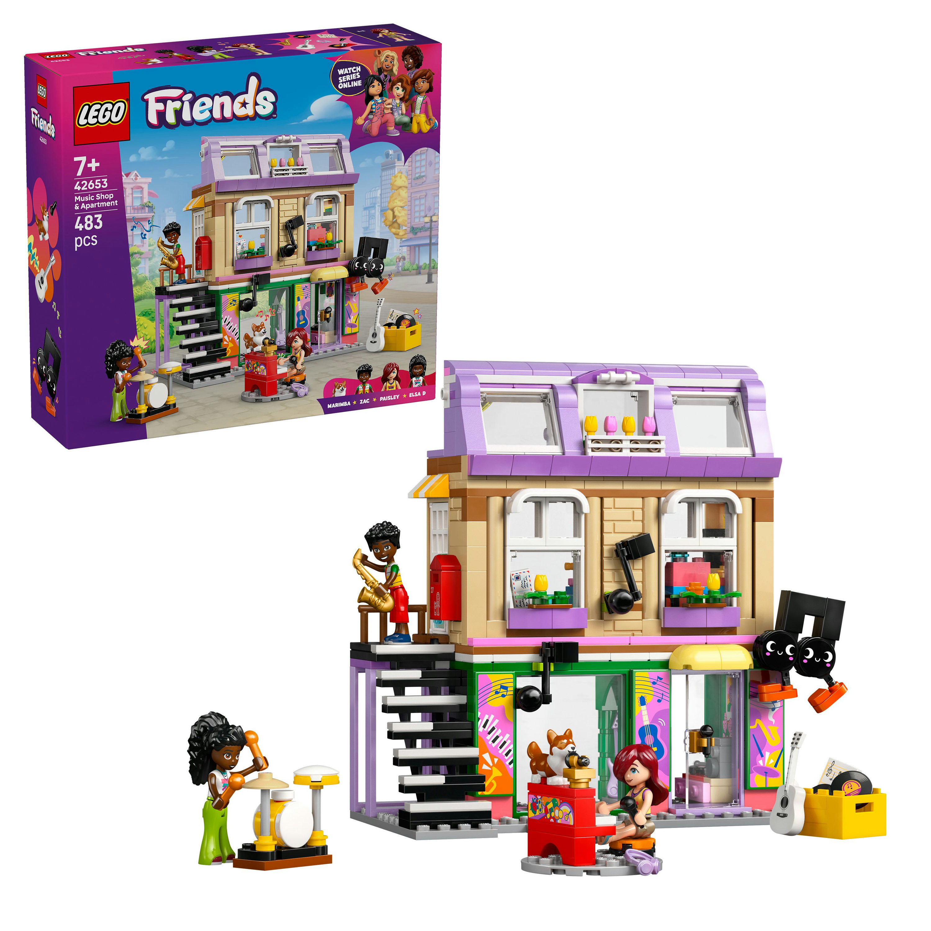 Zestaw sklepu muzycznego Lego Friends. Zawiera dwupiętrowy budynek z instrumentami muzycznymi, schodami i kilkoma minifigurkami.