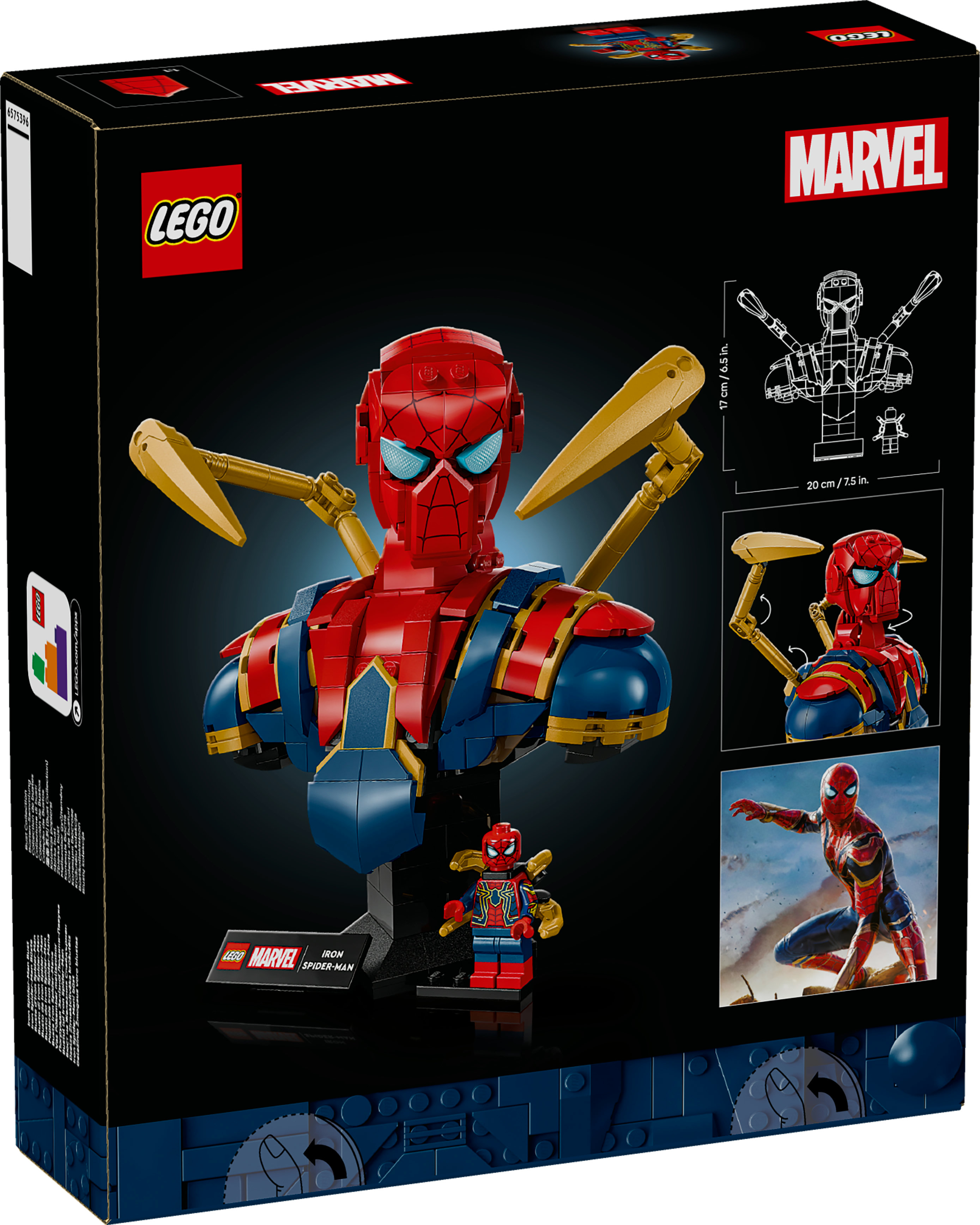Grafika pudełka LEGO Iron Spider-Man. Przedstawia popiersie, minifigurkę i rysunek. Pudełko jest czarne z logo Marvel i LEGO.