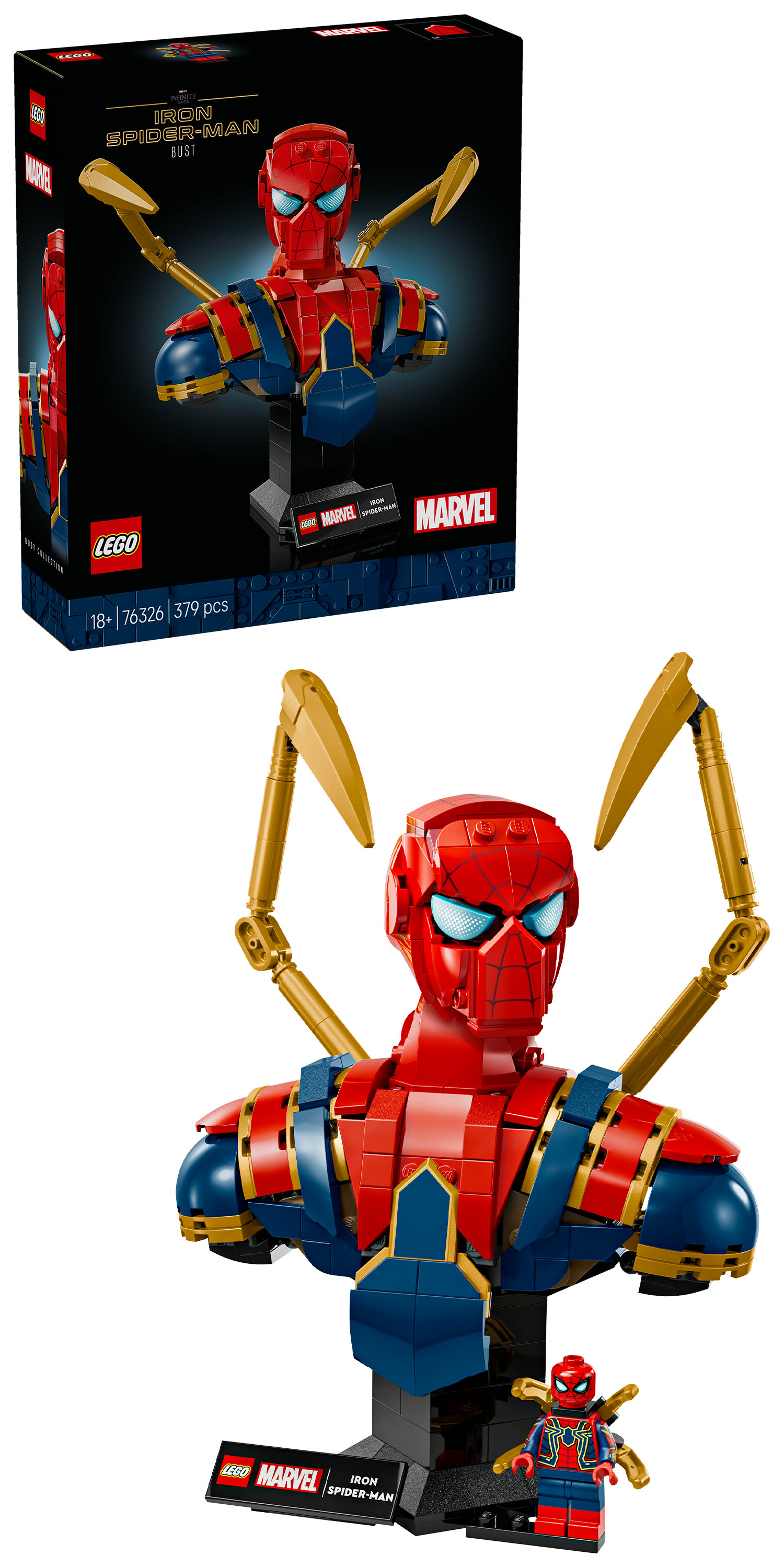Zestaw Lego Iron Spider-Man. Popiersie jest czerwone i niebieskie, ze złotymi akcentami. Stoi na czarnym stojaku.