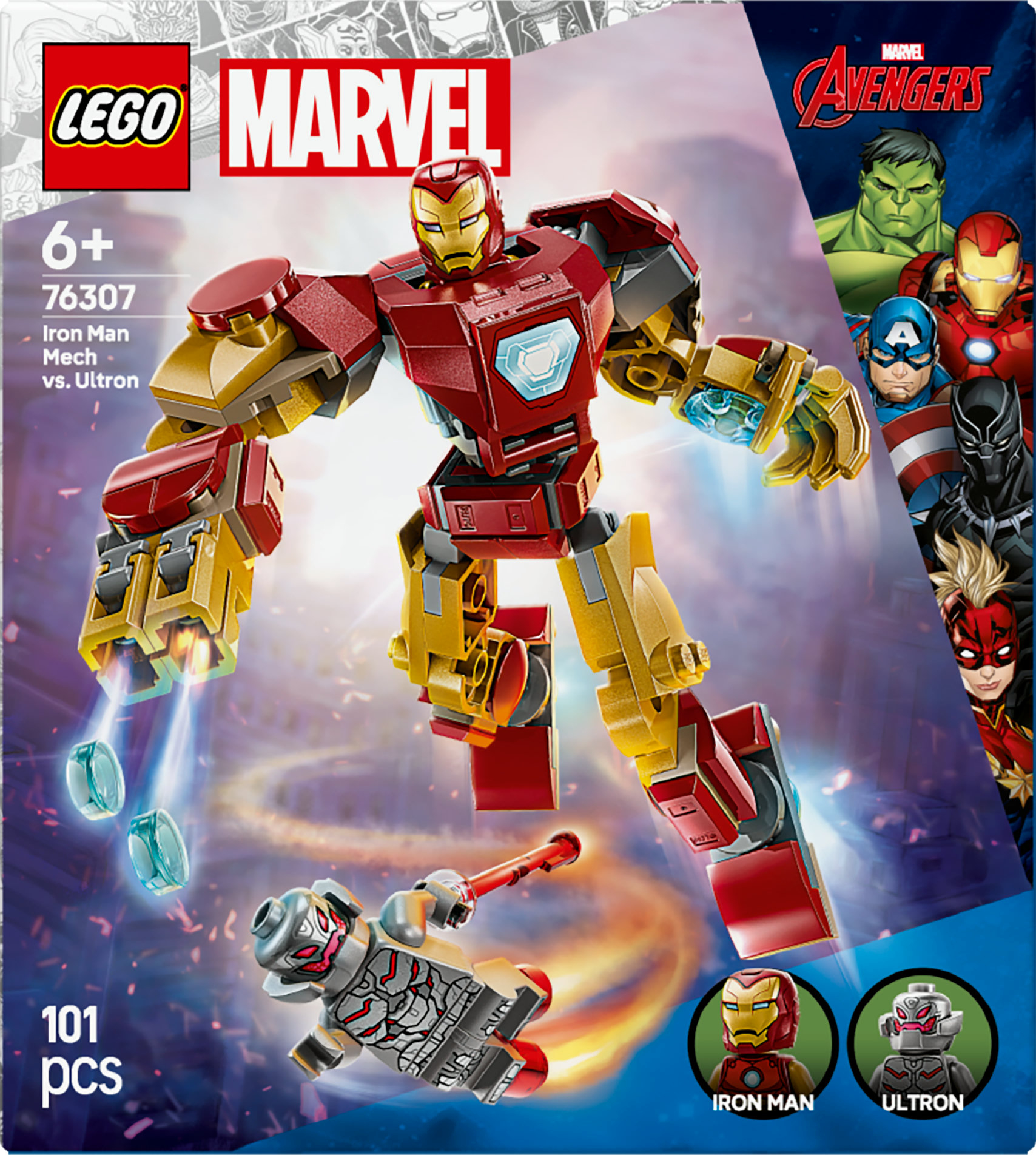 Zestaw Lego z mechem Iron Mana walczącym z Ultronem. Zawiera figurki Iron Mana, Ultrona i innych postaci z Avengers.