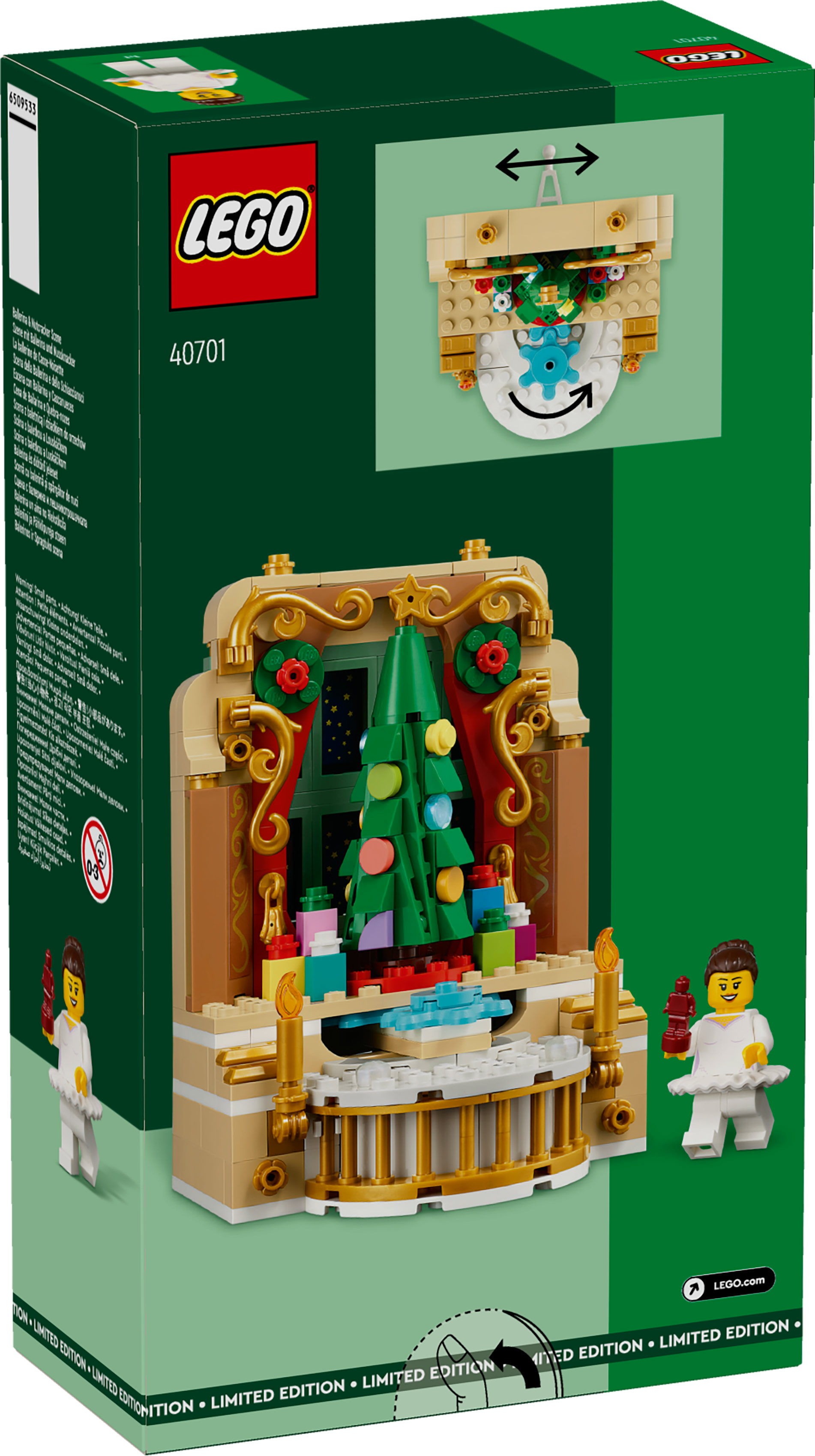 LEGO-Box-Set mit einer Weihnachtsszene mit Baum, Geschenken und Ballerina-Figuren. Grün- und Goldfarben.