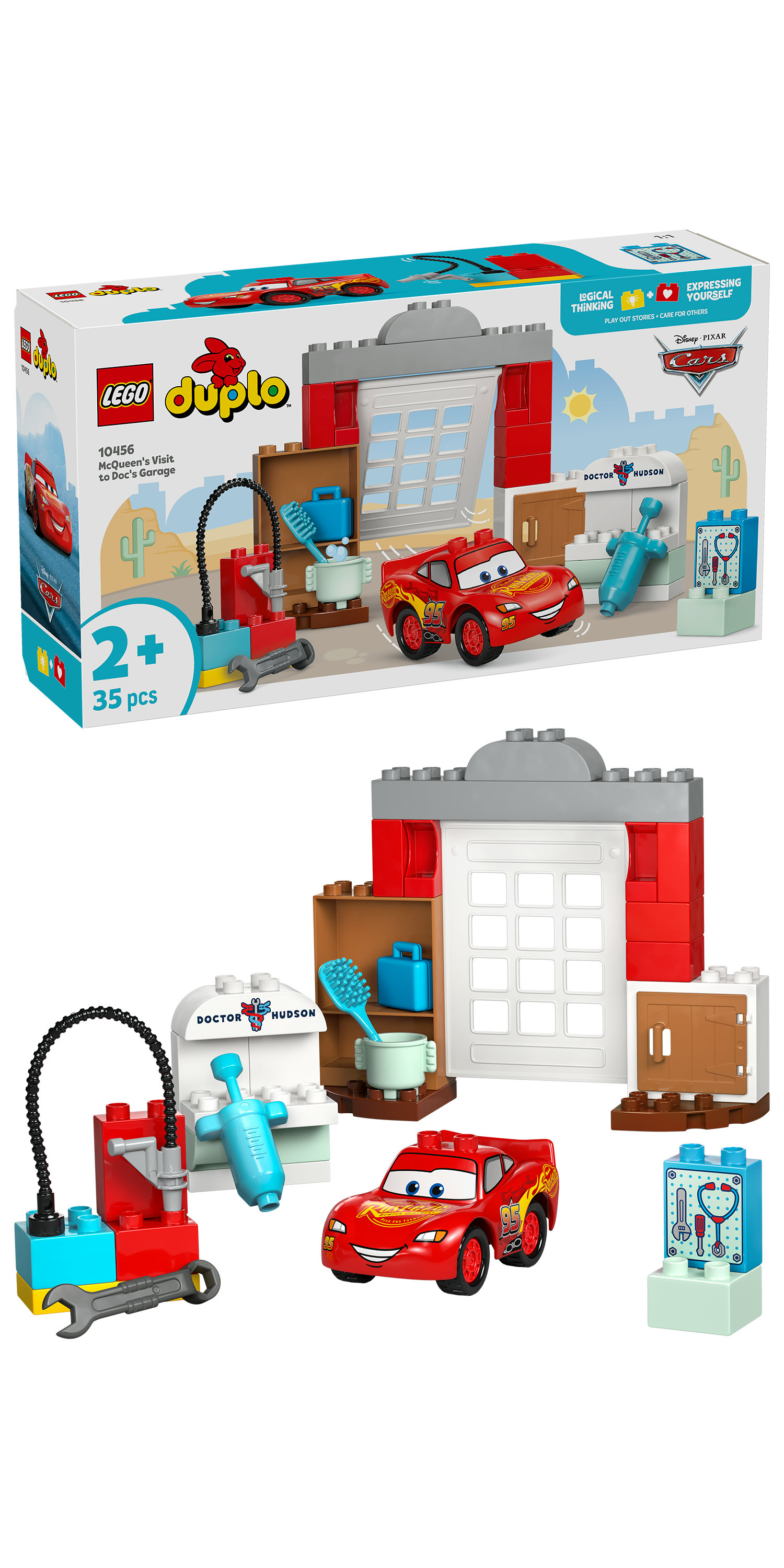 Zestaw Lego Duplo z Zygzakiem McQueenem w garażu Doca Hudsona. Zawiera garaż, narzędzia i sprzęt medyczny.