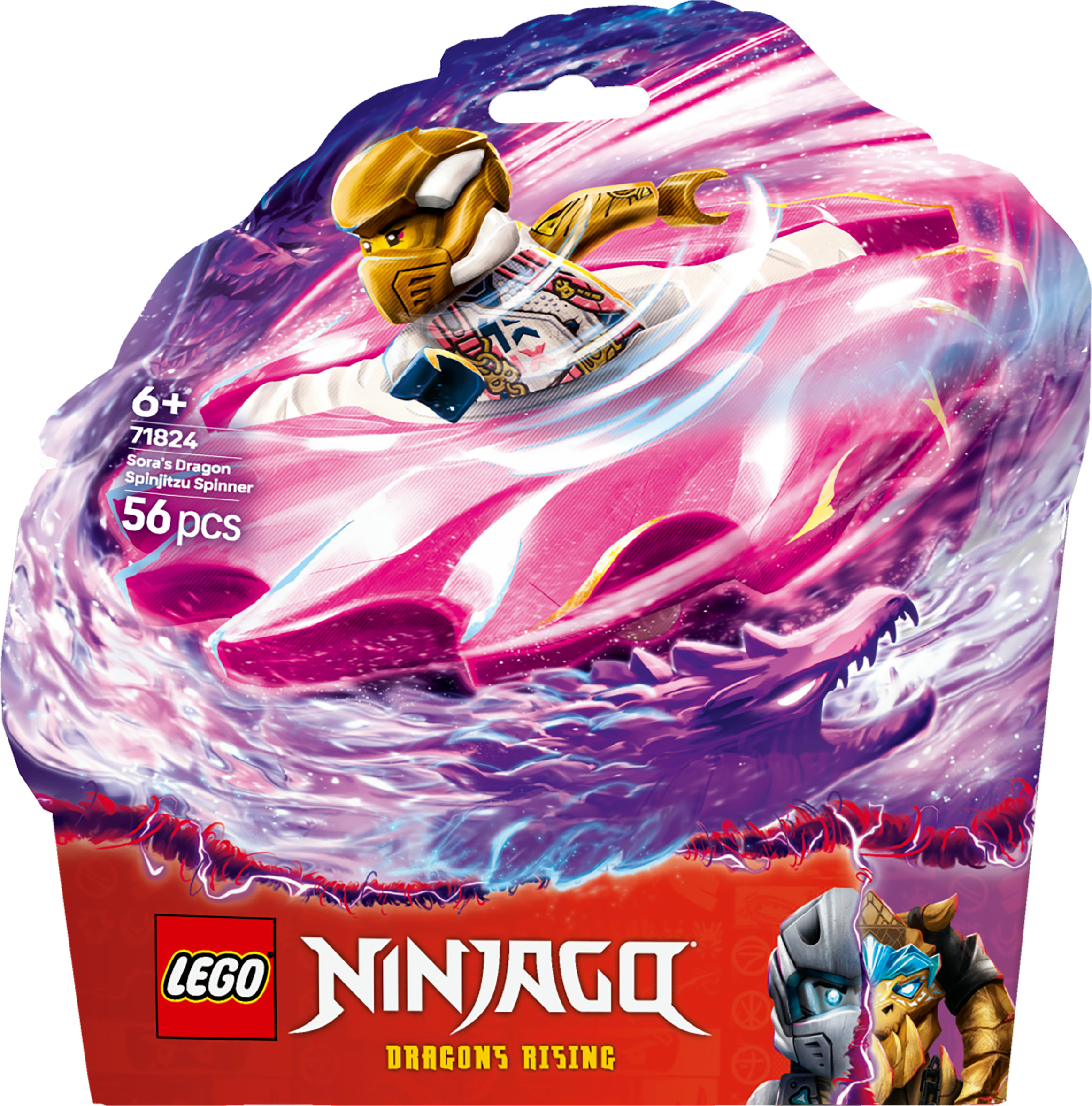 De Lego Ninjago setbox toont Sora's Dragon Spinjitzu Spinner. Een figuur rijdt op een roze spinner, met een draak en het Ninjago logo.