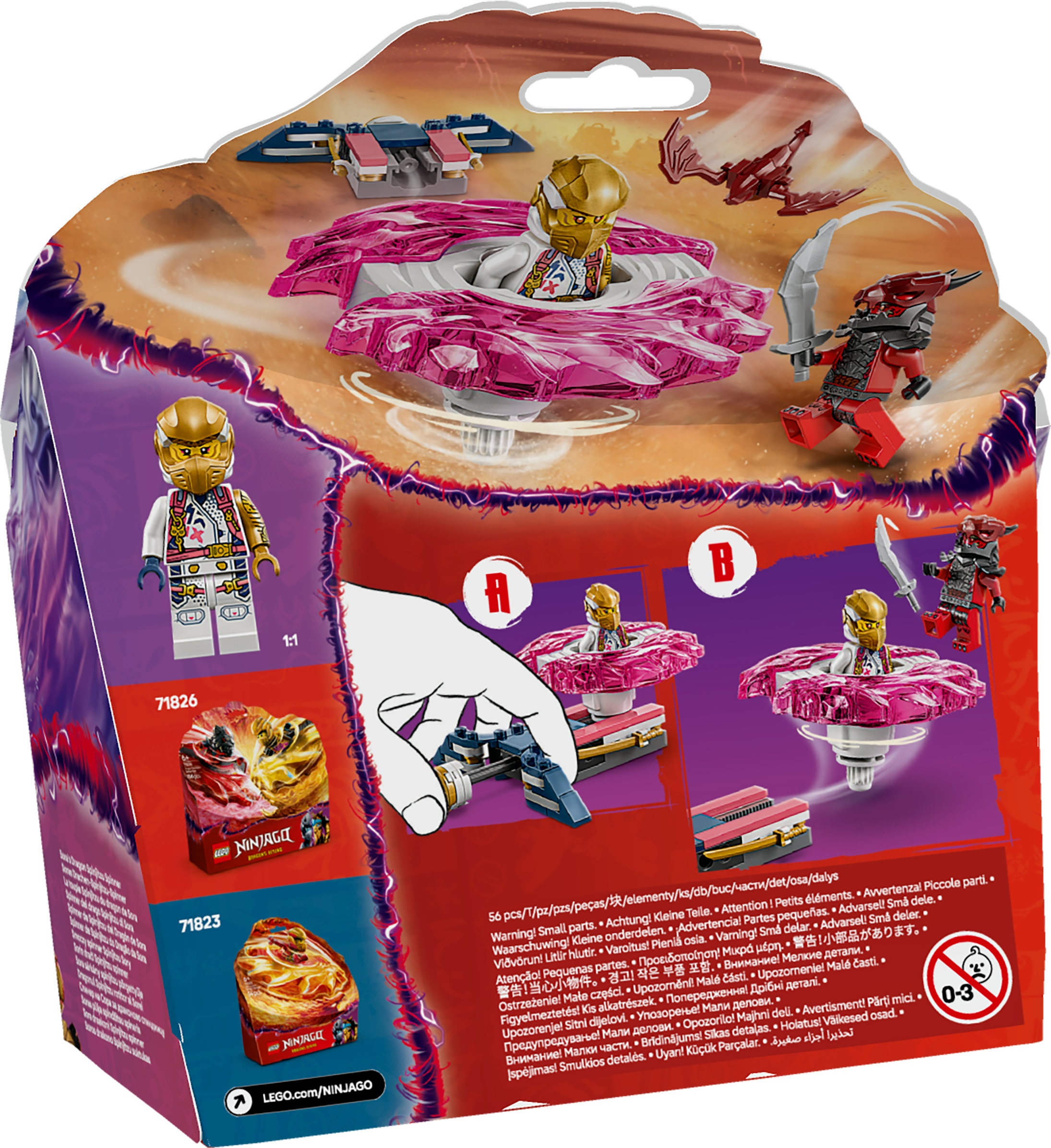 Lego Ninjago doos toont minifiguren, spinners en draken. Het toont een gevechtsscène op een bruine achtergrond.
