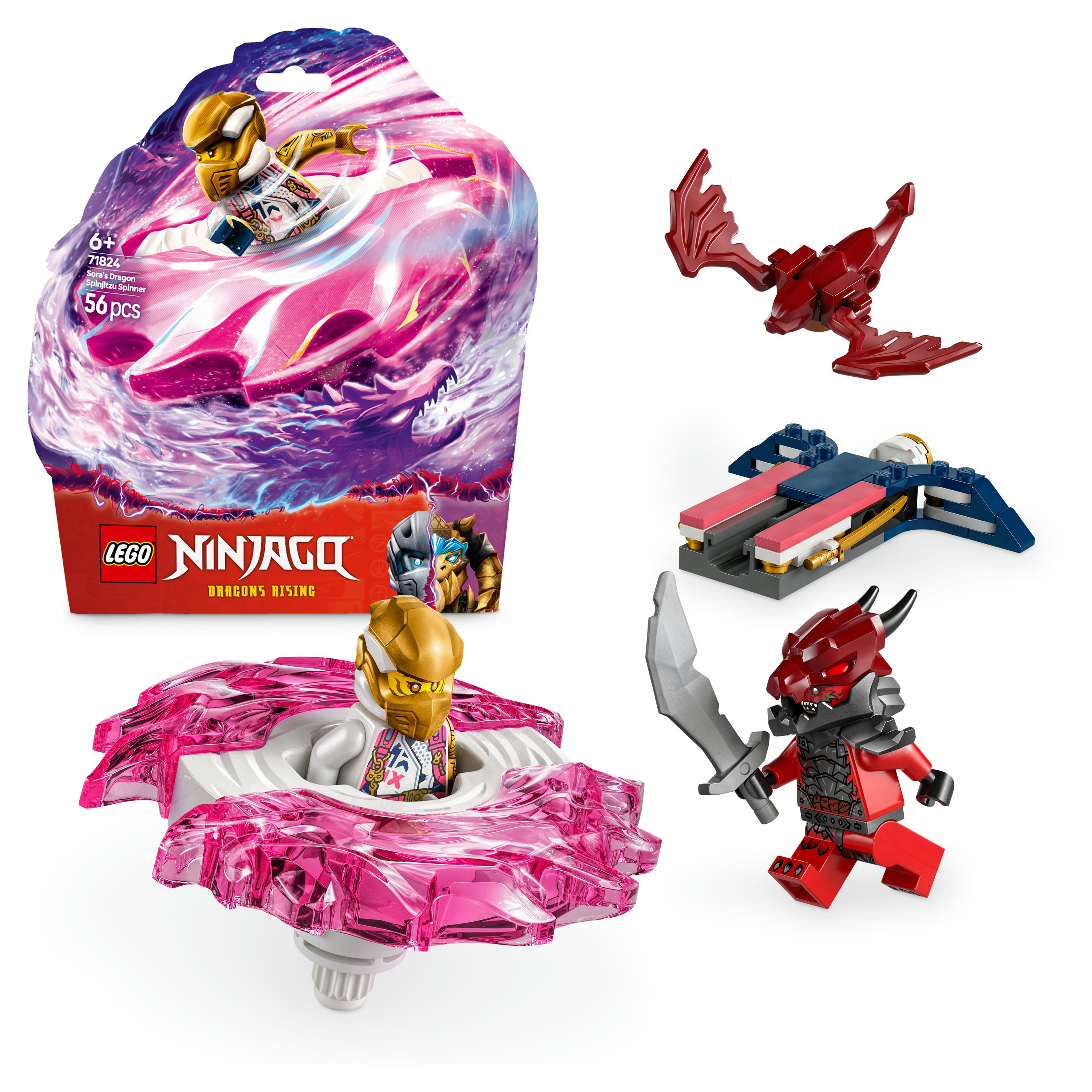 LEGO Ninjago set met verpakking, spinner en minifiguren. Inclusief rode draak, blauw-rood voertuig en rood gepantserde figuur.