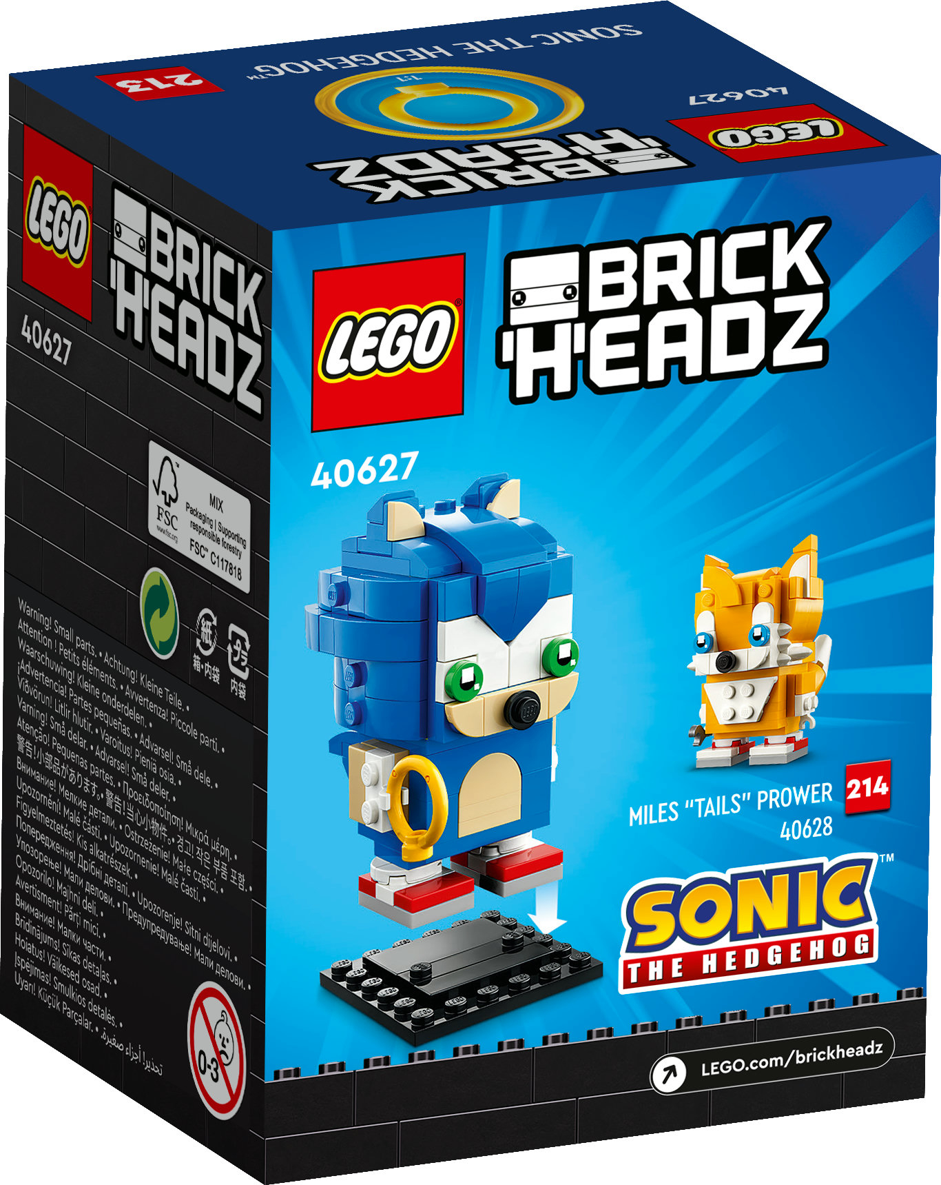 Eine LEGO-Box mit Sonic und Tails BrickHeadz. Die Box ist blau mit den Logos LEGO und BrickHeadz. Enthält Warnung vor Kleinteilen.