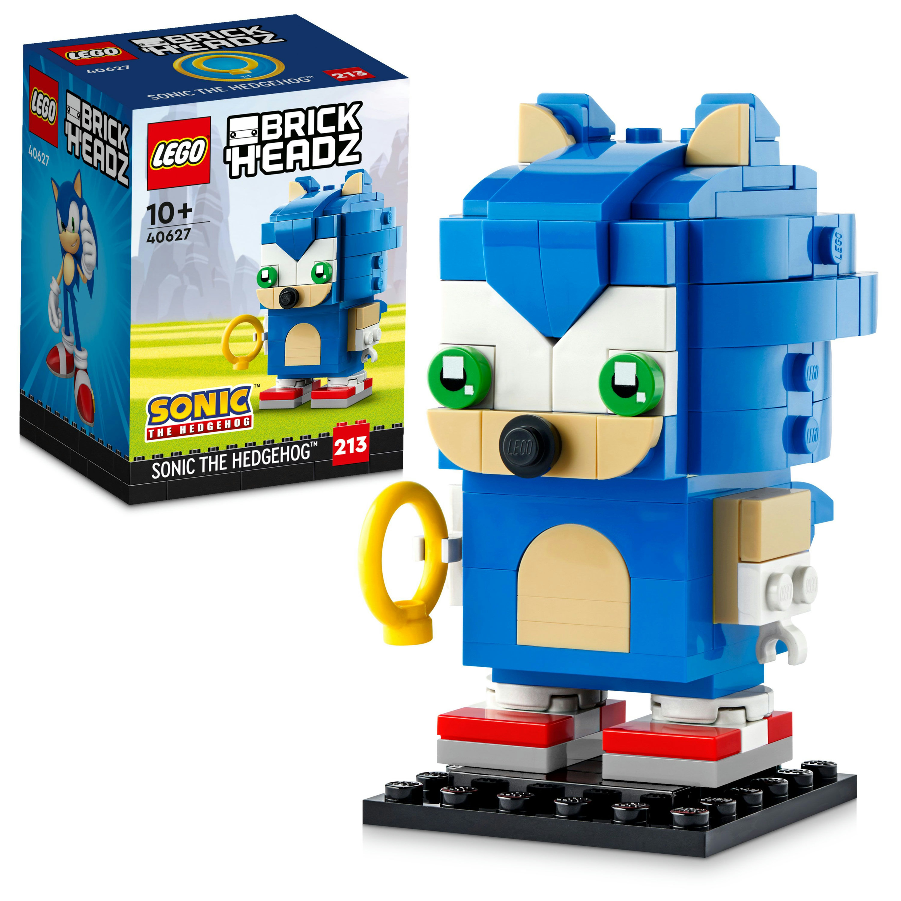 Lego Sonic the Hedgehog BrickHeadz Figur. Blaue, weiße und beige Blöcke. Enthält eine Box mit Sonic und Lego-Branding.