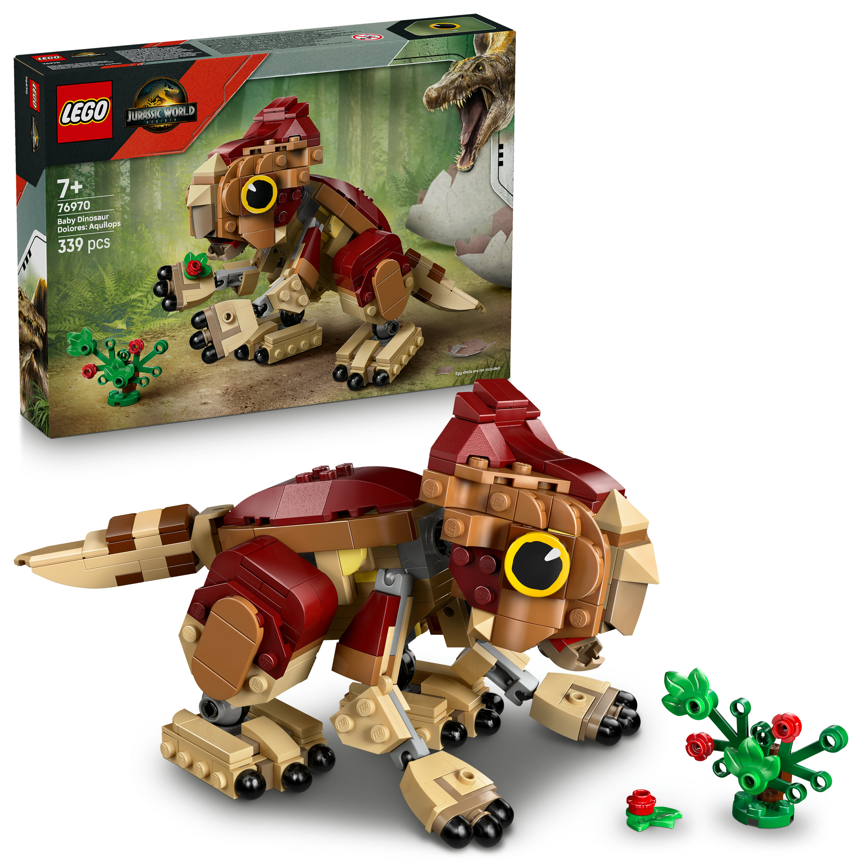 Zestaw Lego Jurassic World z małym dinozaurem wykonanym z beżowych, brązowych i czerwonych klocków oraz małych roślin.