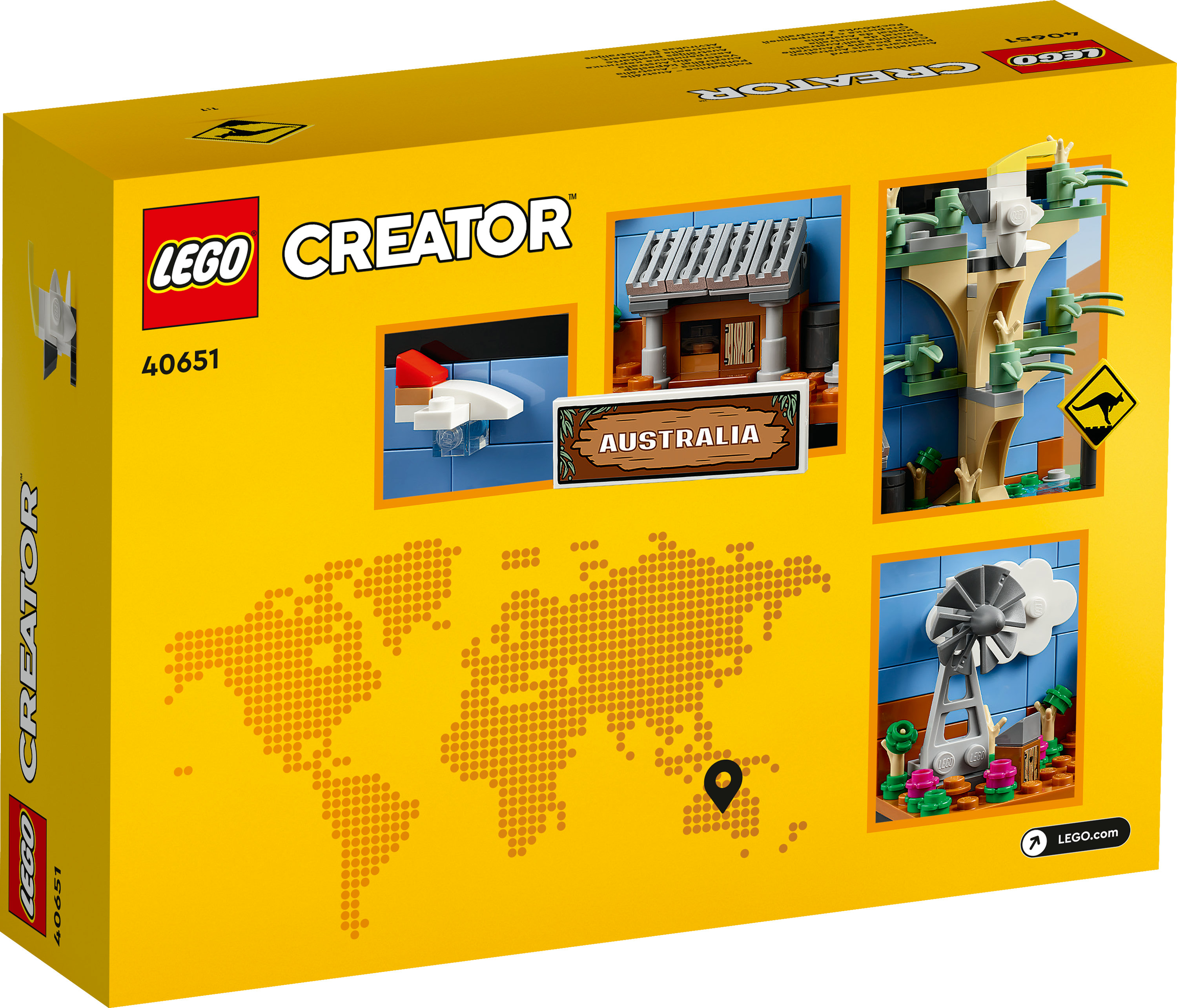 Retro della scatola LEGO Creator. Presenta costruzioni LEGO dell'Australia: mulino a vento, casa, cartello di canguri e mappa del mondo.