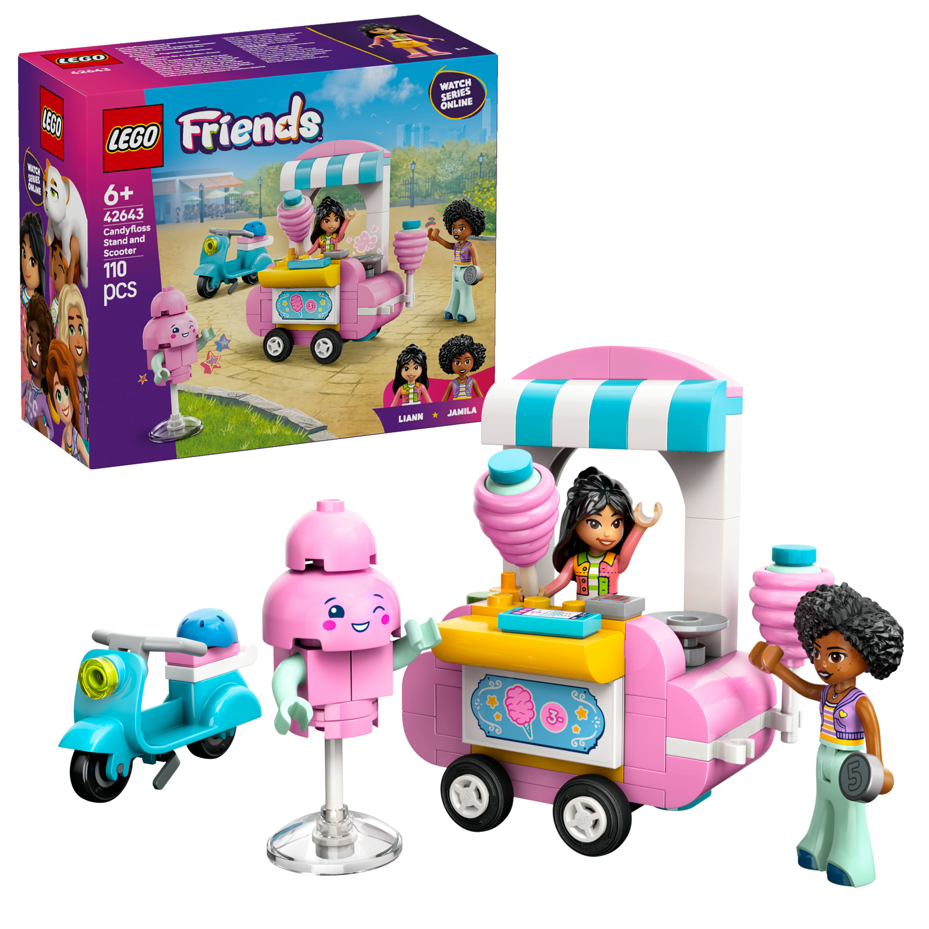 Zestaw Lego Friends z różowym stoiskiem z watą cukrową, skuterem i minifigurkami. Zawiera maszynę do waty cukrowej i akcesoria.