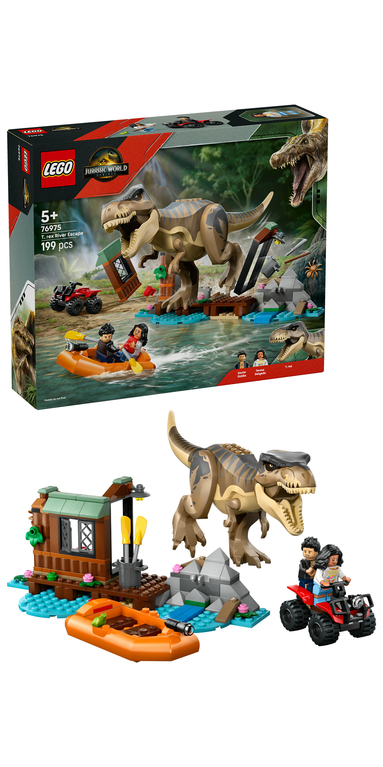 Zestaw LEGO Jurassic World. Zawiera T-rexa, minifigurki w łodzi i na quadzie oraz scenę rzeczną z małym budynkiem.