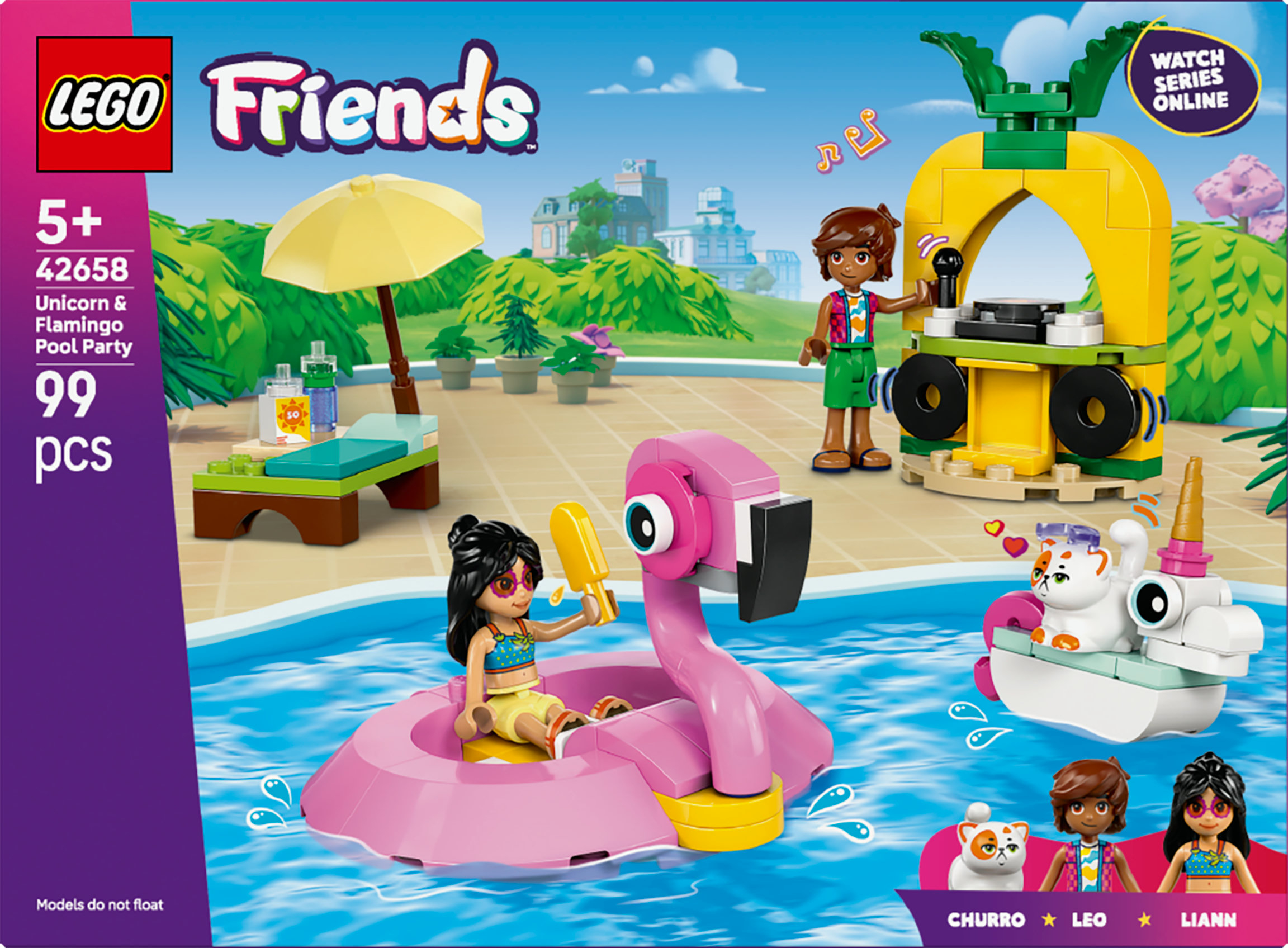 Zestaw Lego Friends z basenem, flamingiem, figurkami i budką DJ-ską w kształcie ananasa. Zawiera kota w łodzi.
