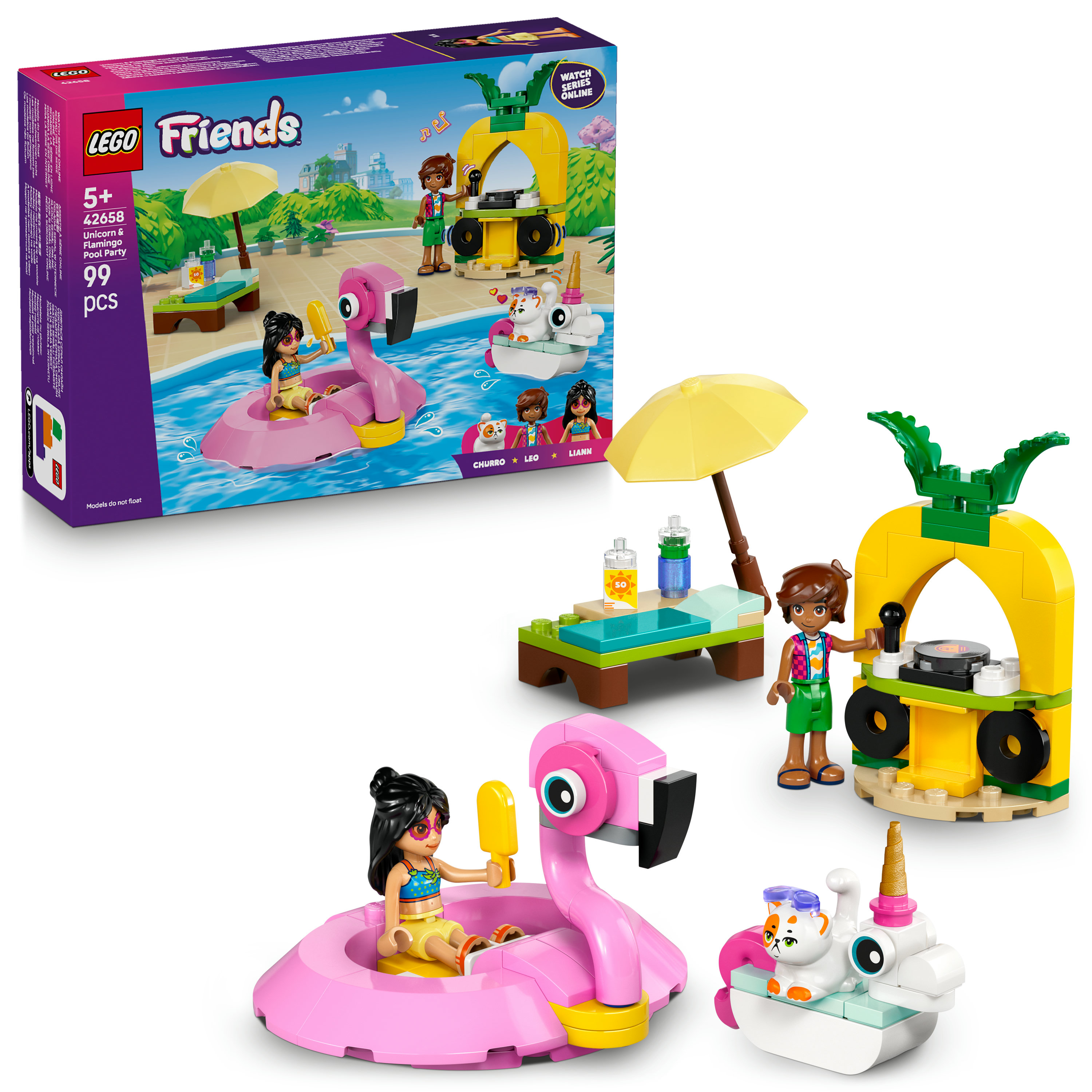 Zestaw Lego Friends. Flamingowy pływak z figurką, budka DJ z ananasa i scena basenowa.