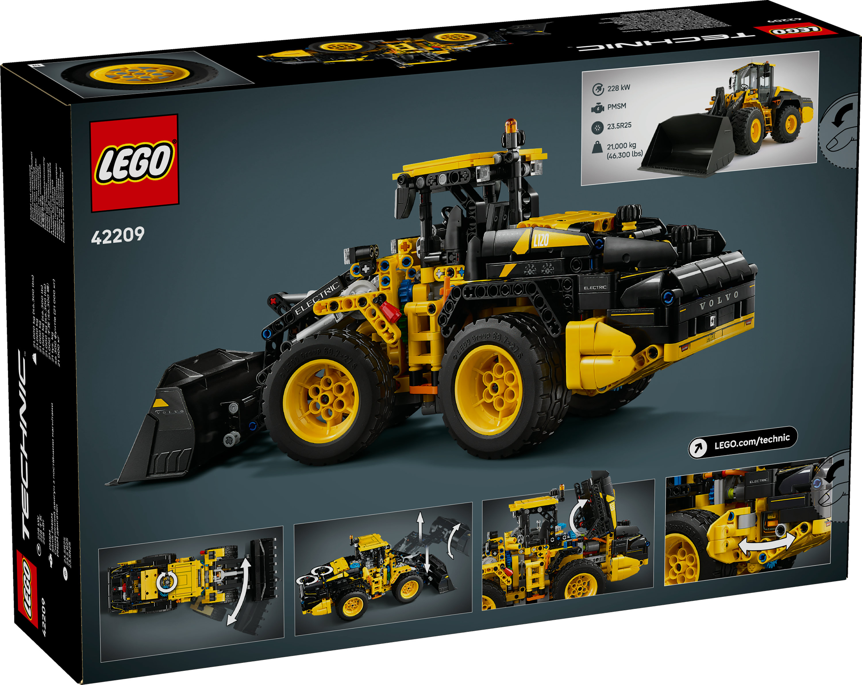 Grafika pudełka z żółto-czarnym zestawem LEGO Technic Volvo z ładowarką kołową, ze szczegółami i mniejszym zdjęciem.