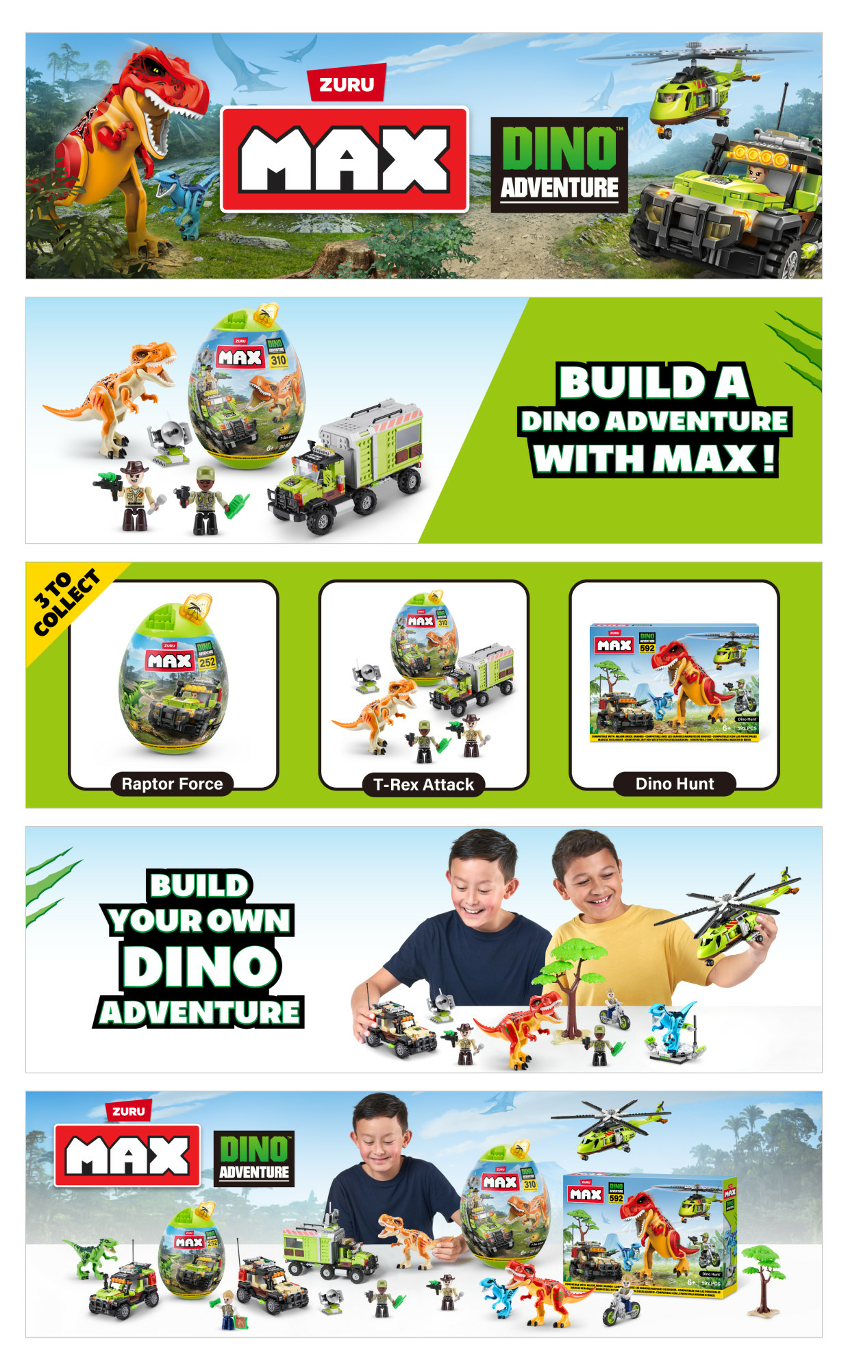 L'immagine mostra una pubblicità di ZURU MAX Dino Adventure. Presenta dinosauri giocattolo, elicotteri e bambini che giocano con i giocattoli.