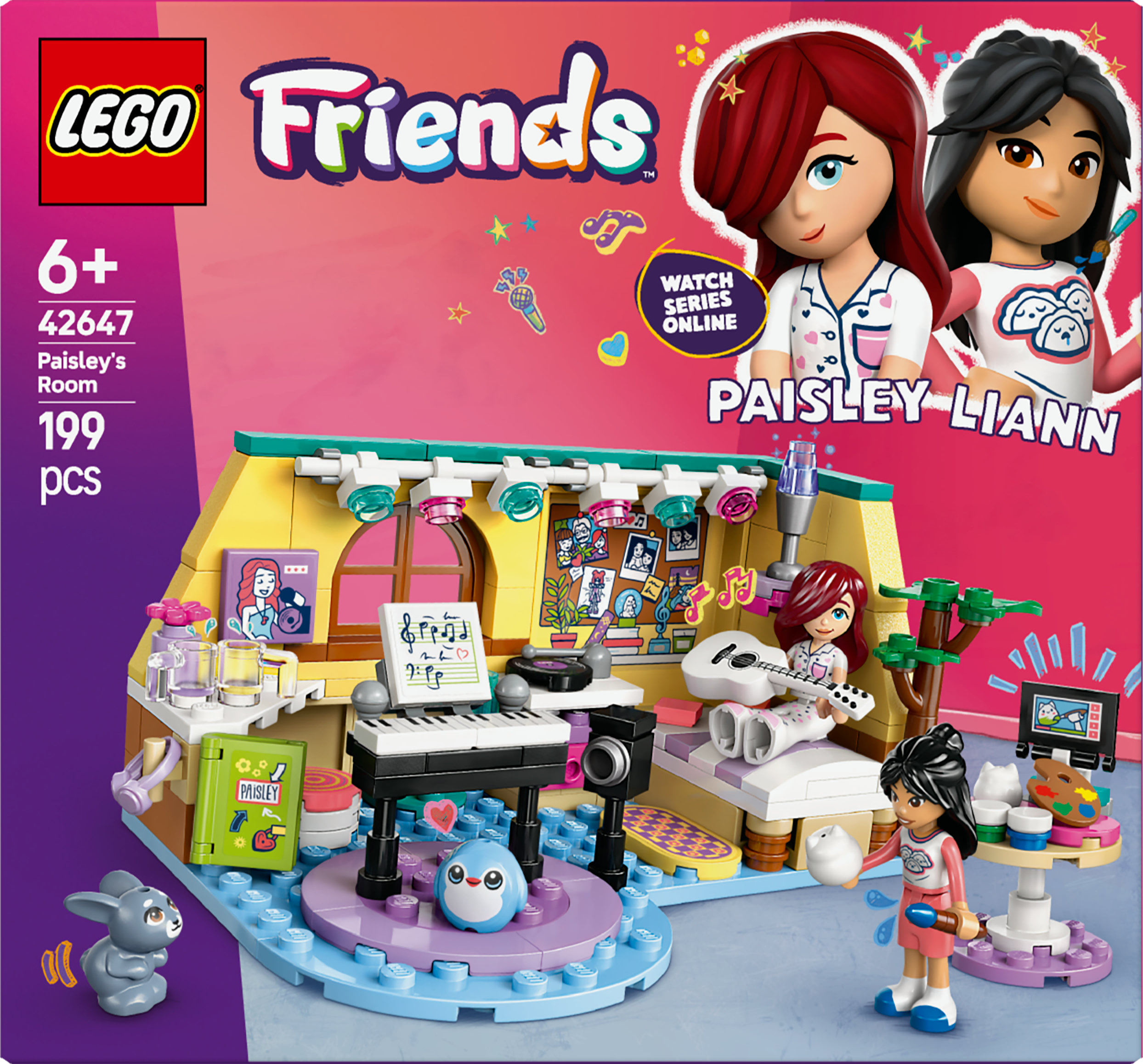 Zestaw LEGO Friends przedstawia pokój z figurkami, klawiaturą, gitarą i przyborami artystycznymi. Zestaw jest dla dzieci od 6 lat.