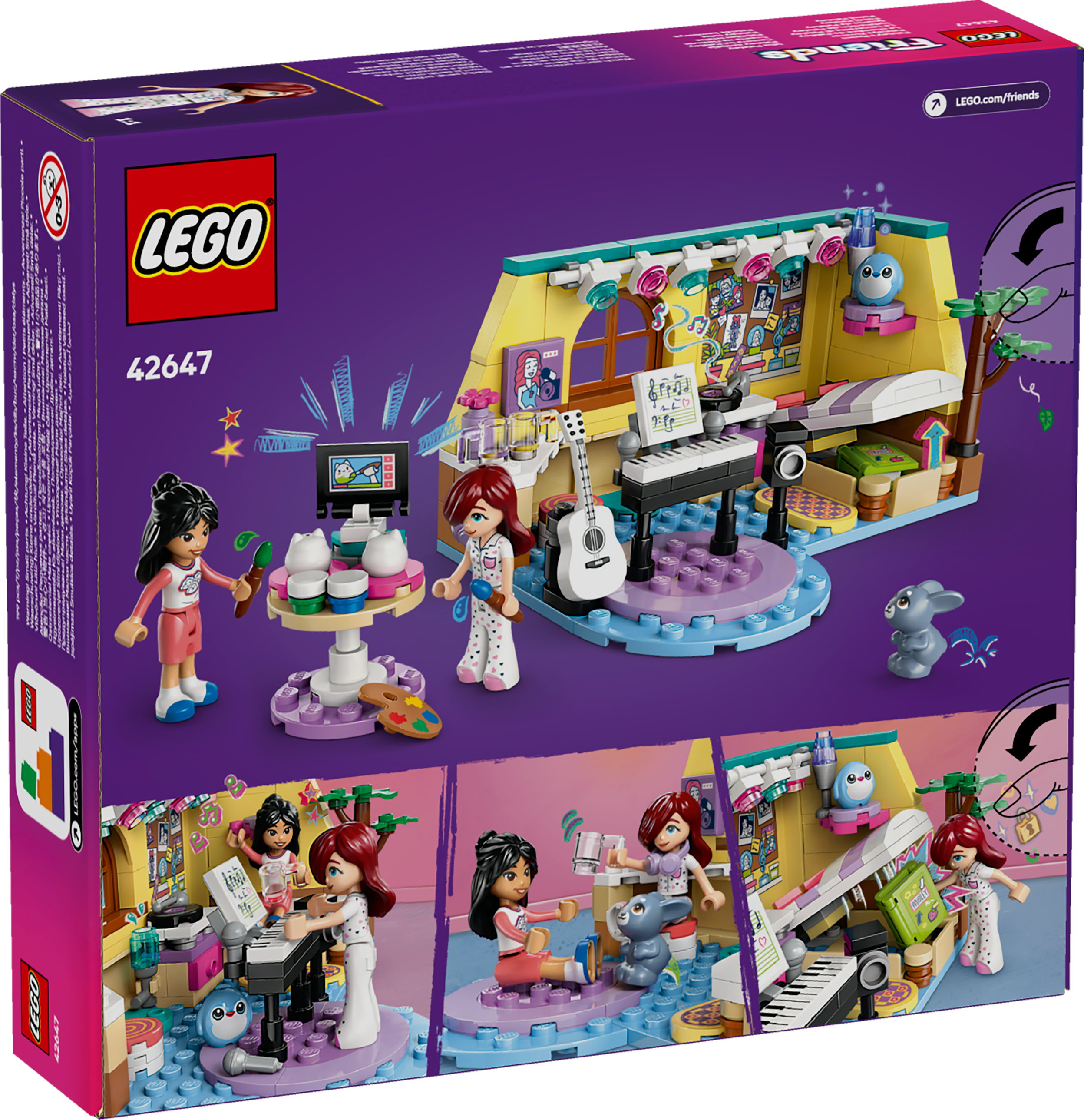 Pudełko zestawu LEGO Friends. Pokazuje pokój muzyczny z figurkami, instrumentami i akcesoriami. Dominują kolory fioletowy, różowy i żółty.