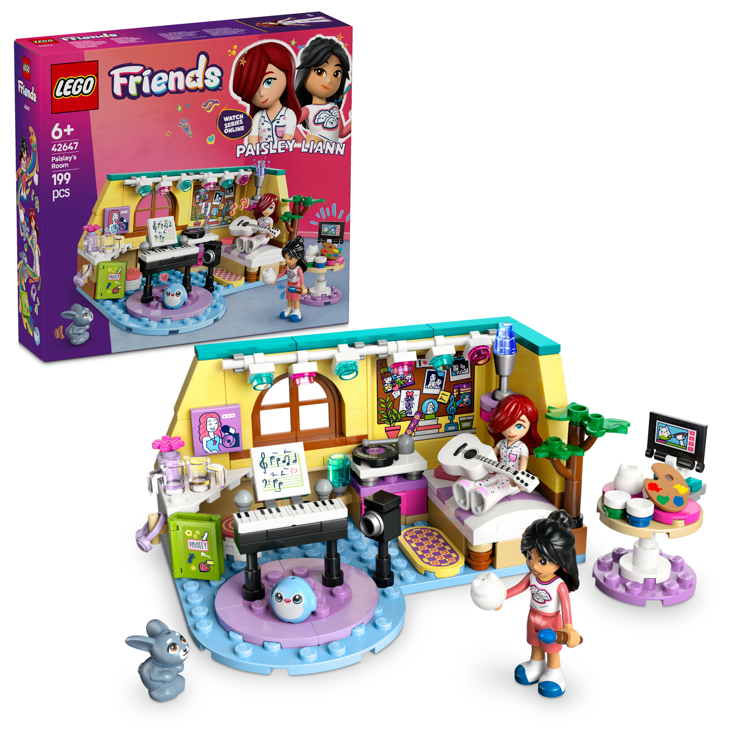 Zestaw LEGO Friends. Zawiera figurki, scenę, klawiaturę i gitarę. Zestaw zawiera pudełko z dwoma dziewczynami.