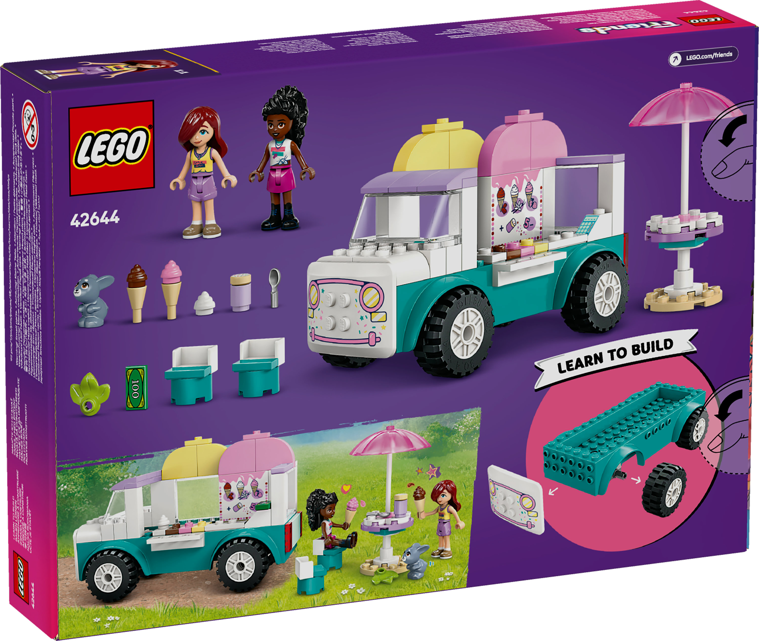 Zestaw LEGO Friends z lodziarnią. Zawiera figurki, lody i akcesoria. Zawiera ciężarówkę, stół i parasol.