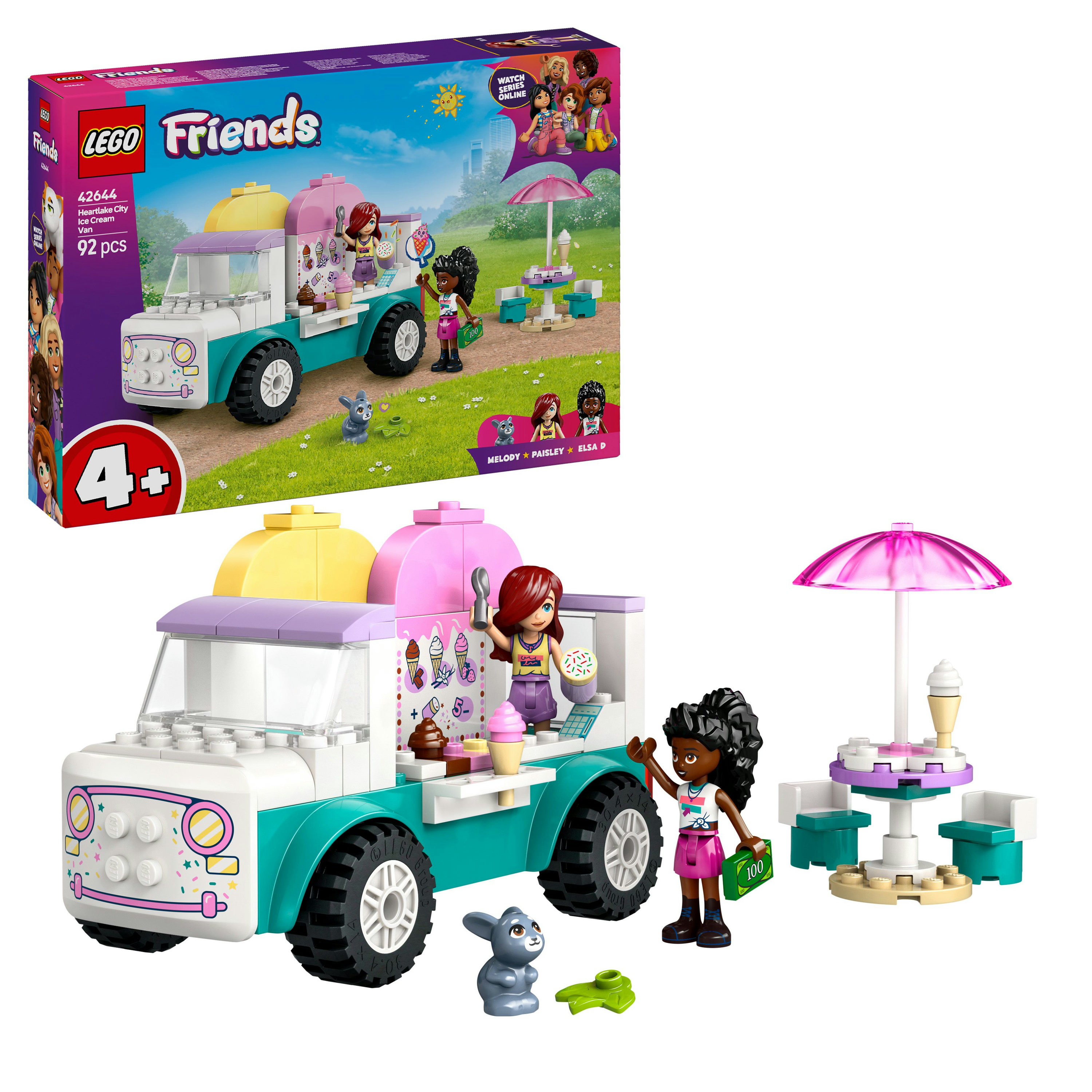 Zestaw Lego Friends z lodziarnią na kółkach. Zawiera minifigurki, akcesoria i pudełko pokazujące zestaw i postacie.