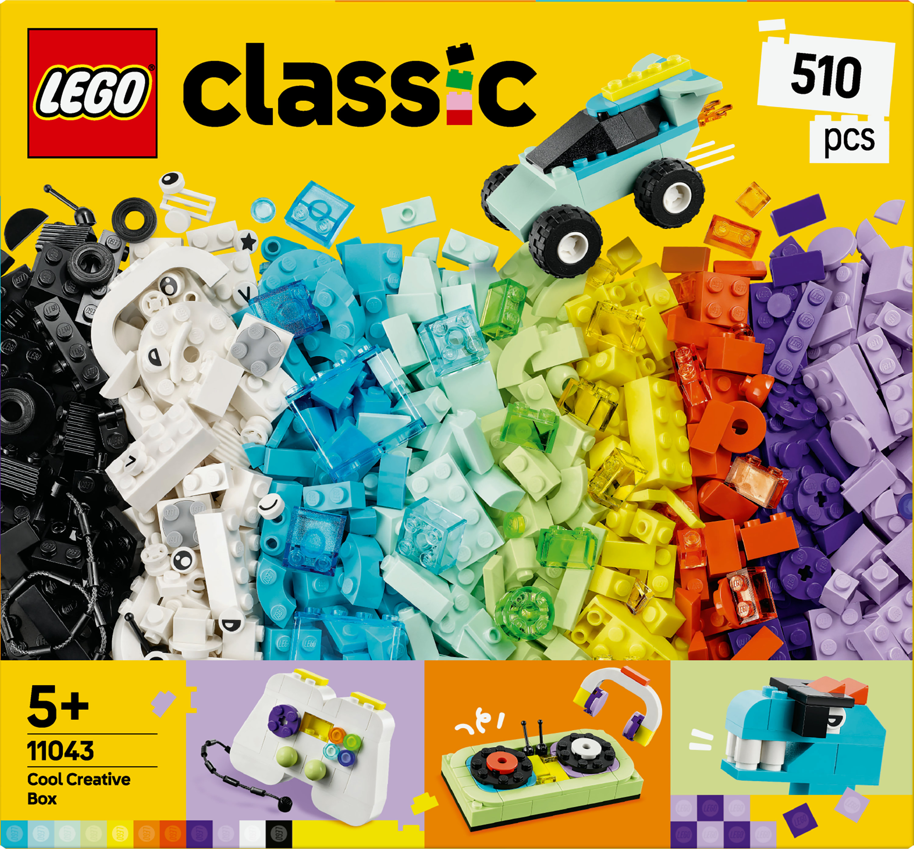 Sarı arka plan üzerinde, araba ve diğer modeller dahil olmak üzere çeşitli renklerde tuğlalar içeren LEGO Classic kutusu.