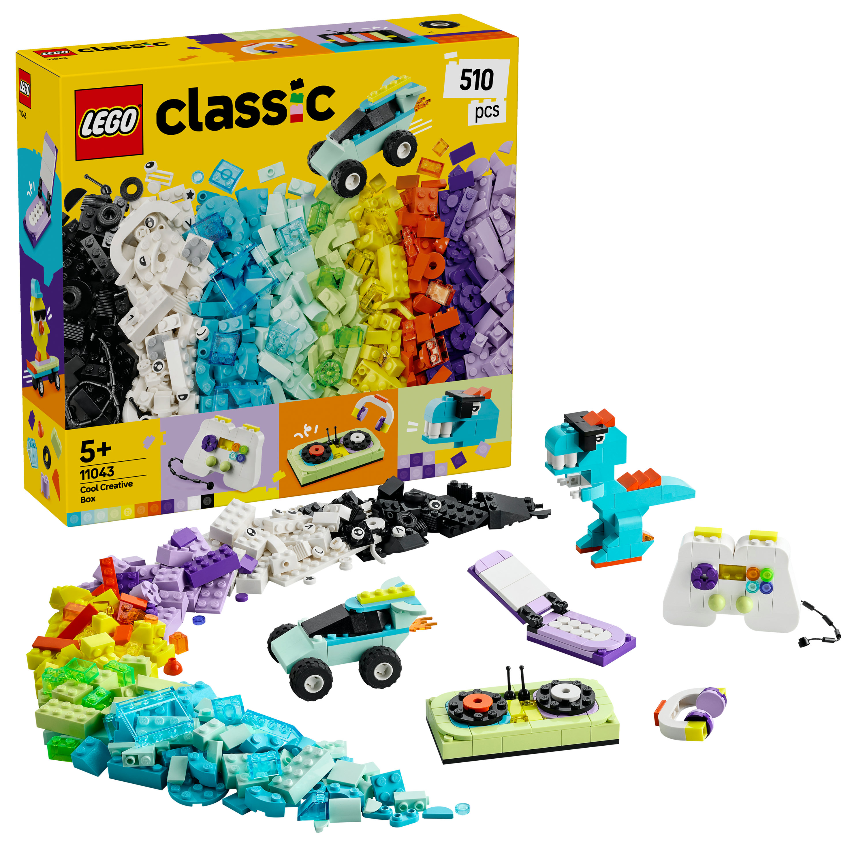 Bir Lego Classic seti, kutu, çeşitli renkli tuğlalar ve araba, dinozor ve kulaklık gibi modellerle.