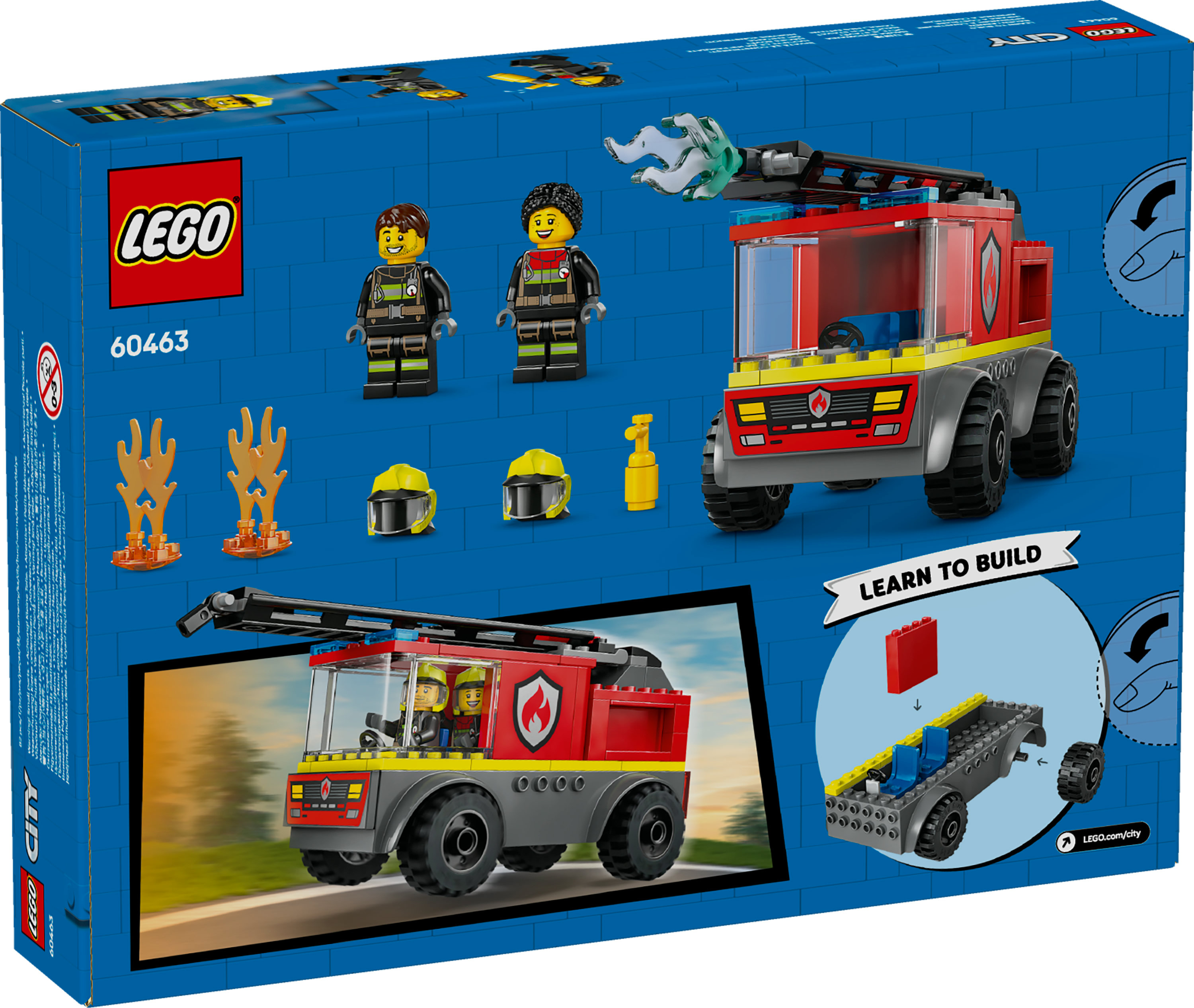 Lego kutu seti. Bir itfaiye aracı ve iki itfaiyeci sergileniyor. Kutu, Lego logosuyla mavidir.