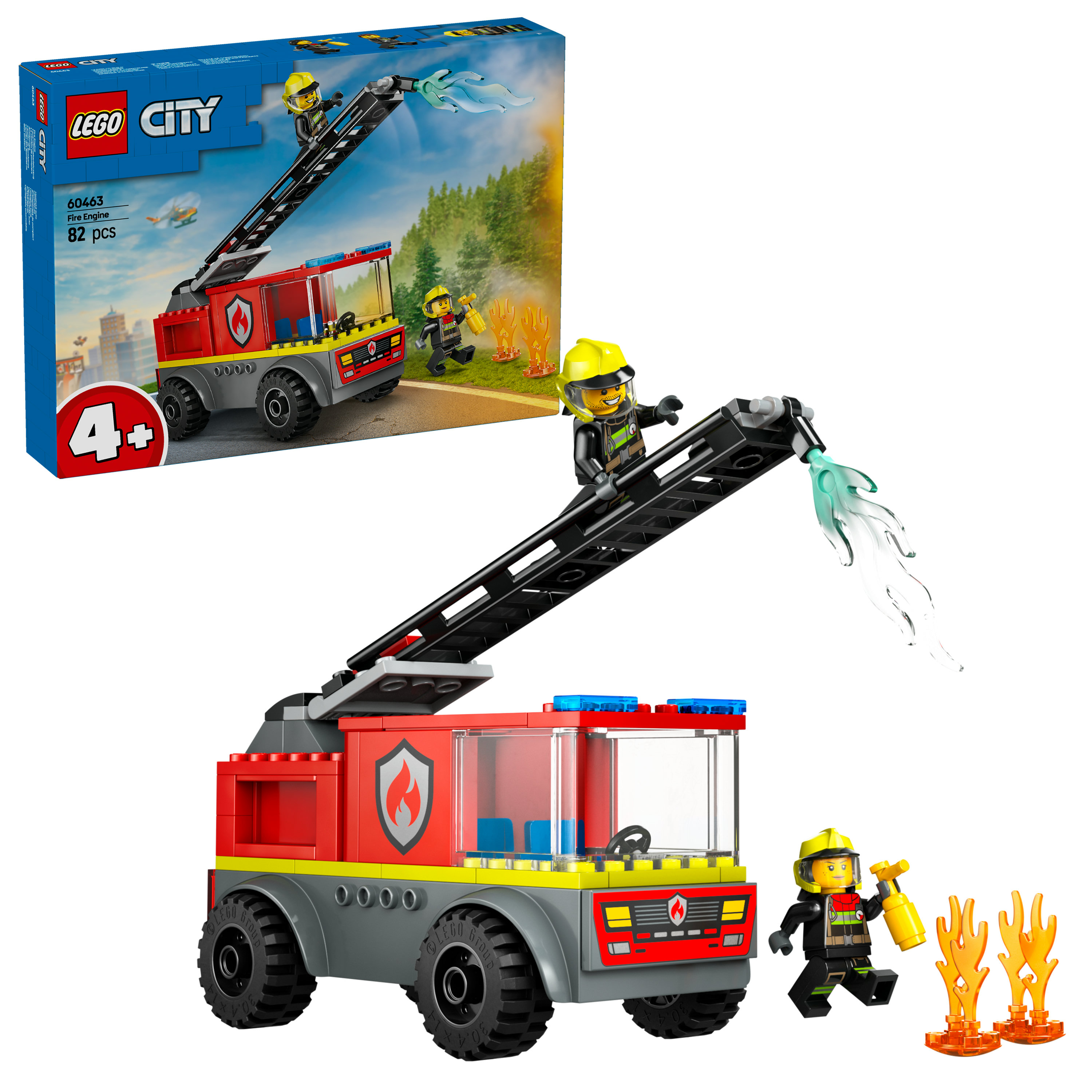 Merdivenli kırmızı bir Lego itfaiye aracı ve iki itfaiyeci Lego figürü. Arka planda bir kutu bulunuyor.