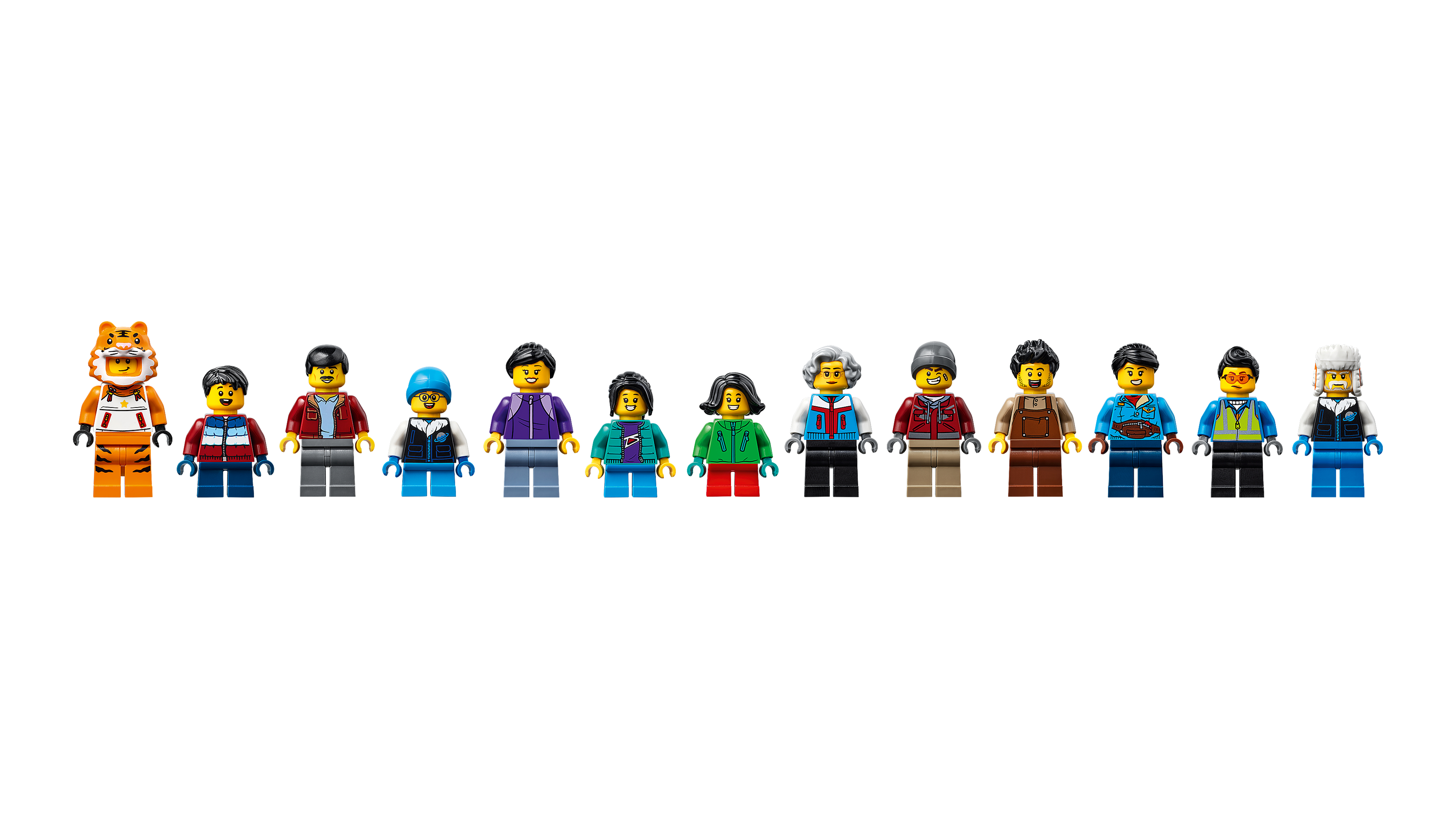 Una fila di 11 minifigure Lego, tra cui un costume da tigre, abiti diversi e vari toni della pelle, su sfondo bianco.