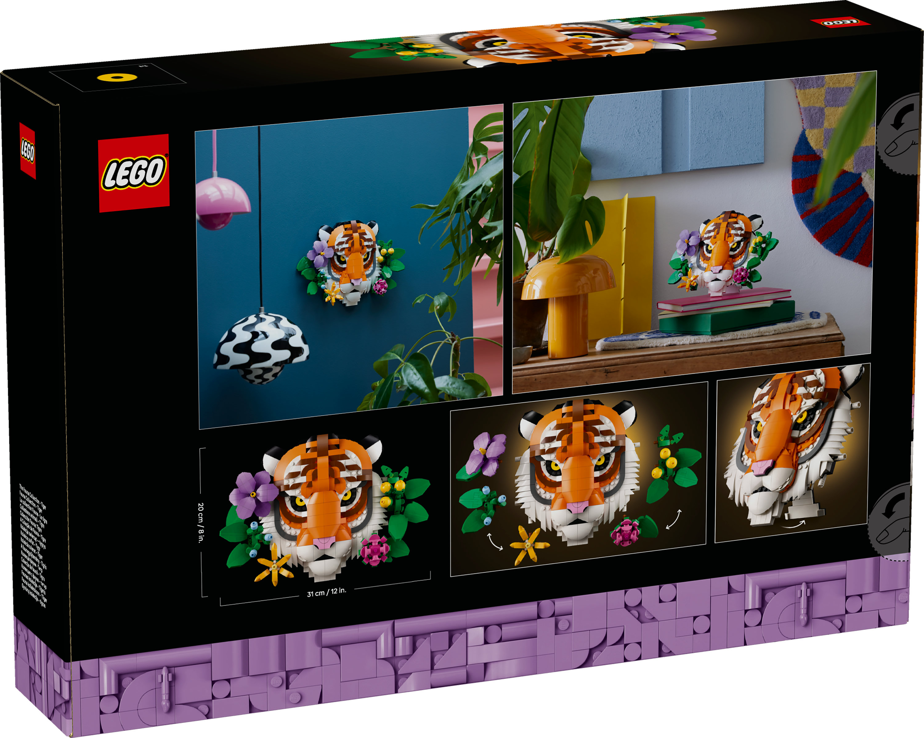 Pudełko LEGO z twarzą tygrysa zrobioną z klocków. Tło zawiera rośliny i elementy dekoracyjne.