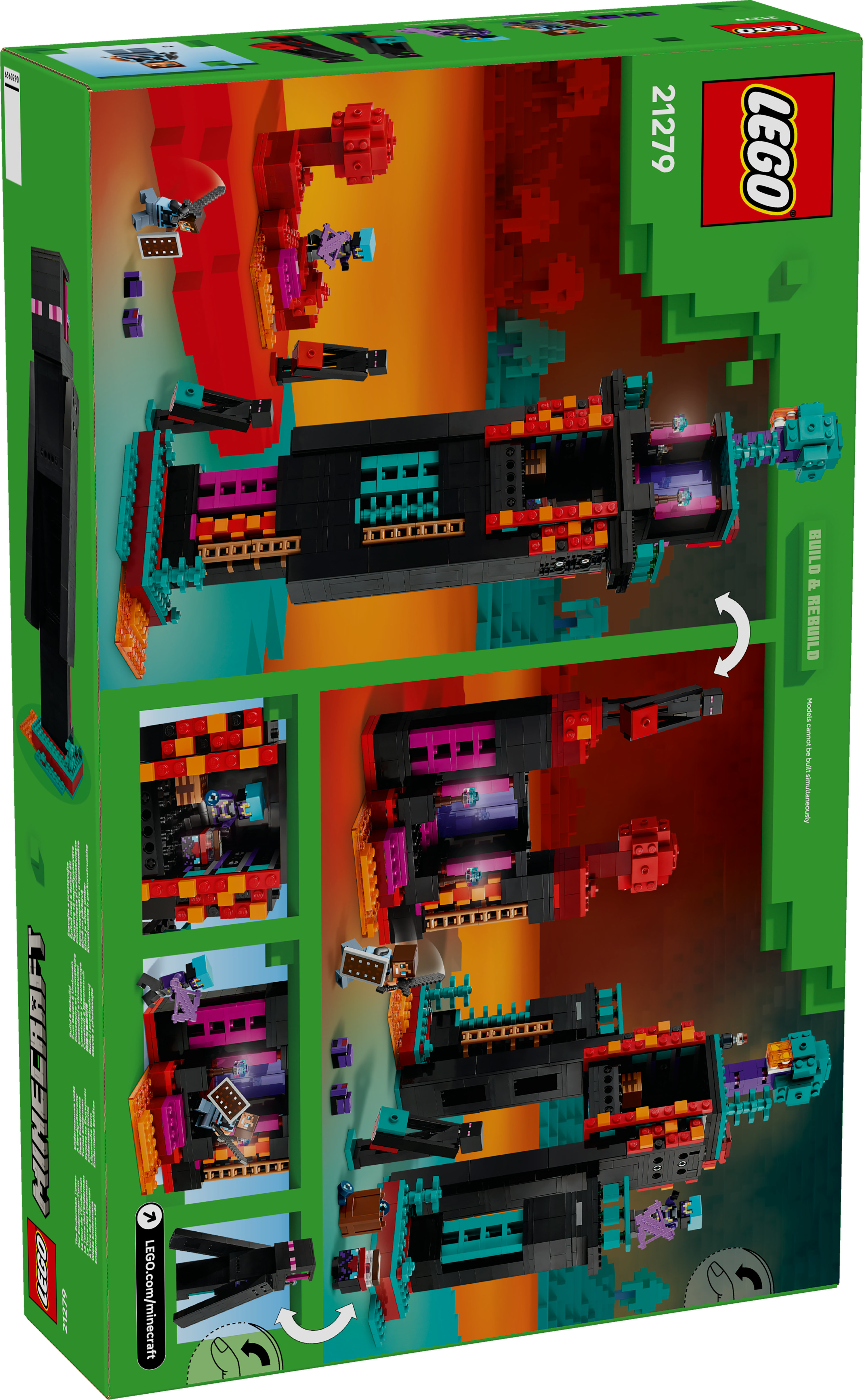 Pudełko LEGO Minecraft. Zawiera różne konstrukcje, figurkę Endermana i dynamiczne tło przypominające lawę.